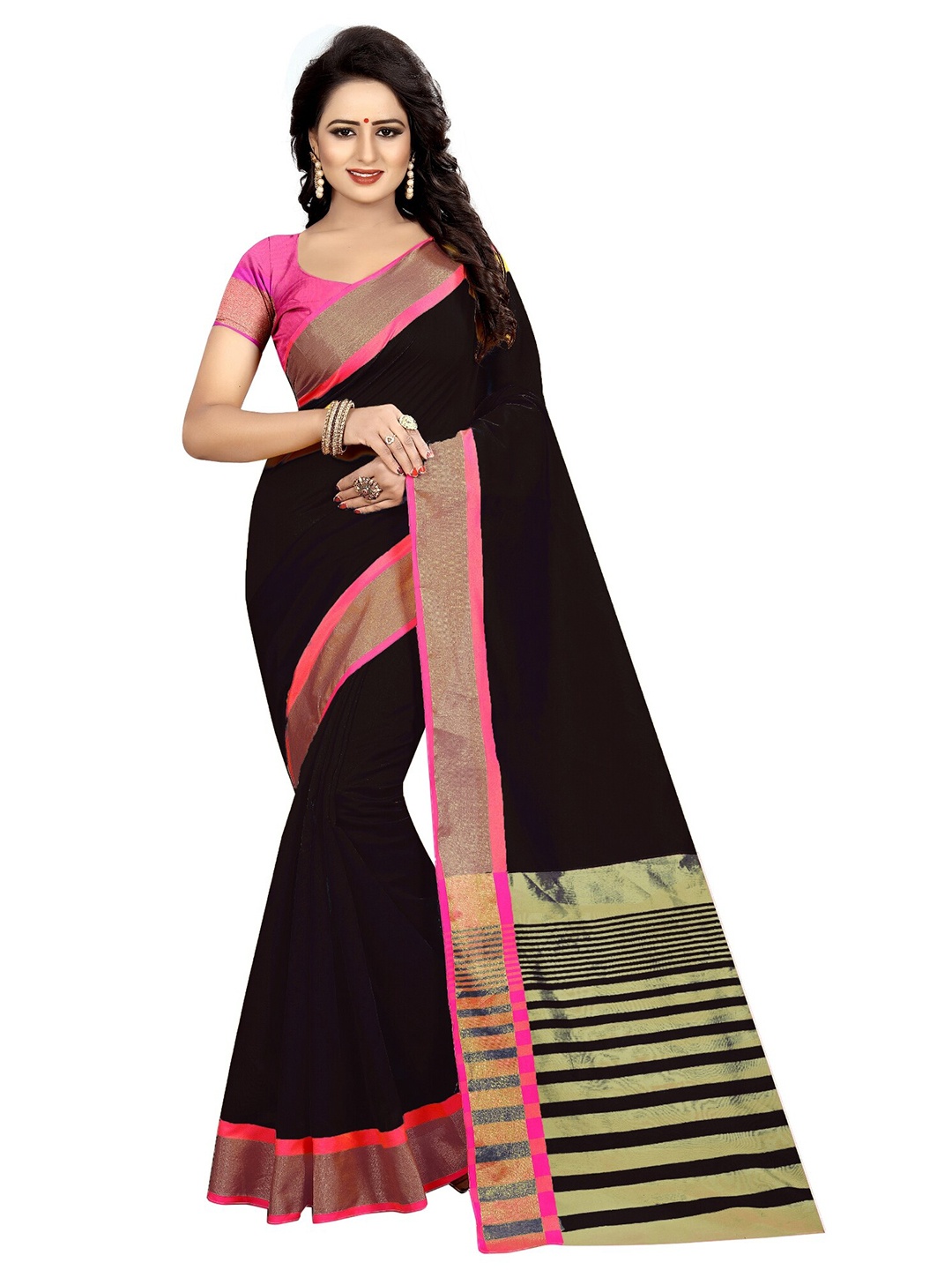 

Yashika Black & Pink Woven Design Zari Silk Cotton Ilkal Saree