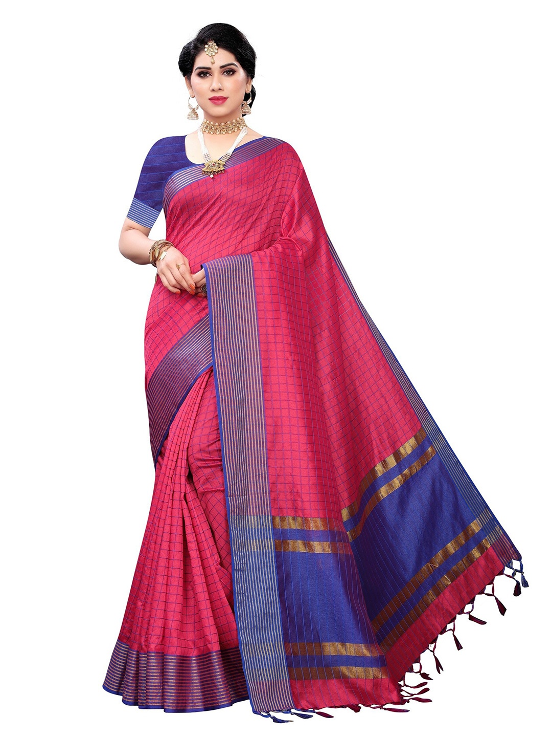 

Yashika Pink & Blue Checked Zari Silk Cotton Ilkal Saree