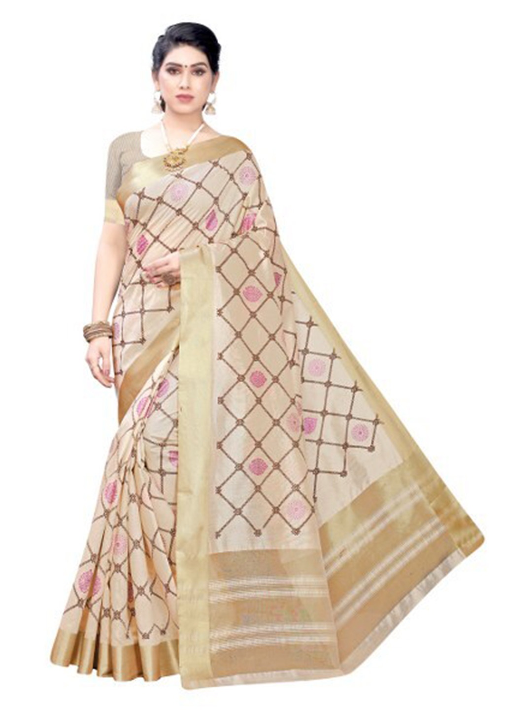 

Yashika Cream-Coloured & Gold-Toned Checked Zari Silk Cotton Ilkal Saree