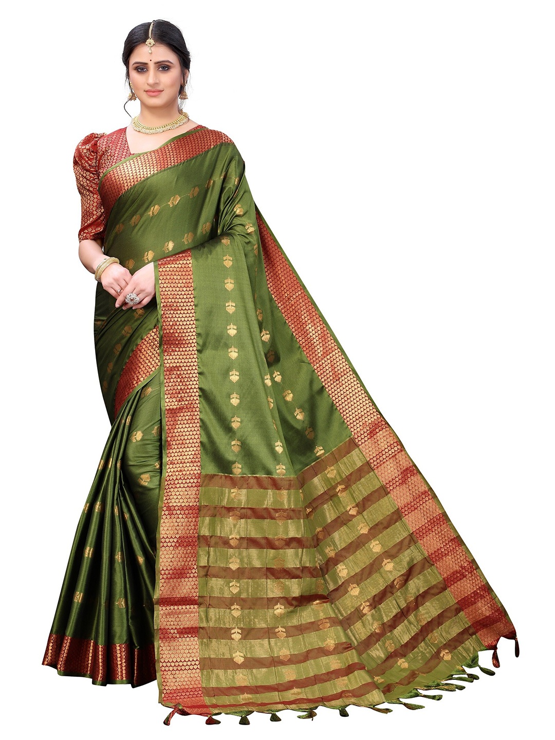 

Yashika Green & Red Zari Silk Cotton Ilkal Saree