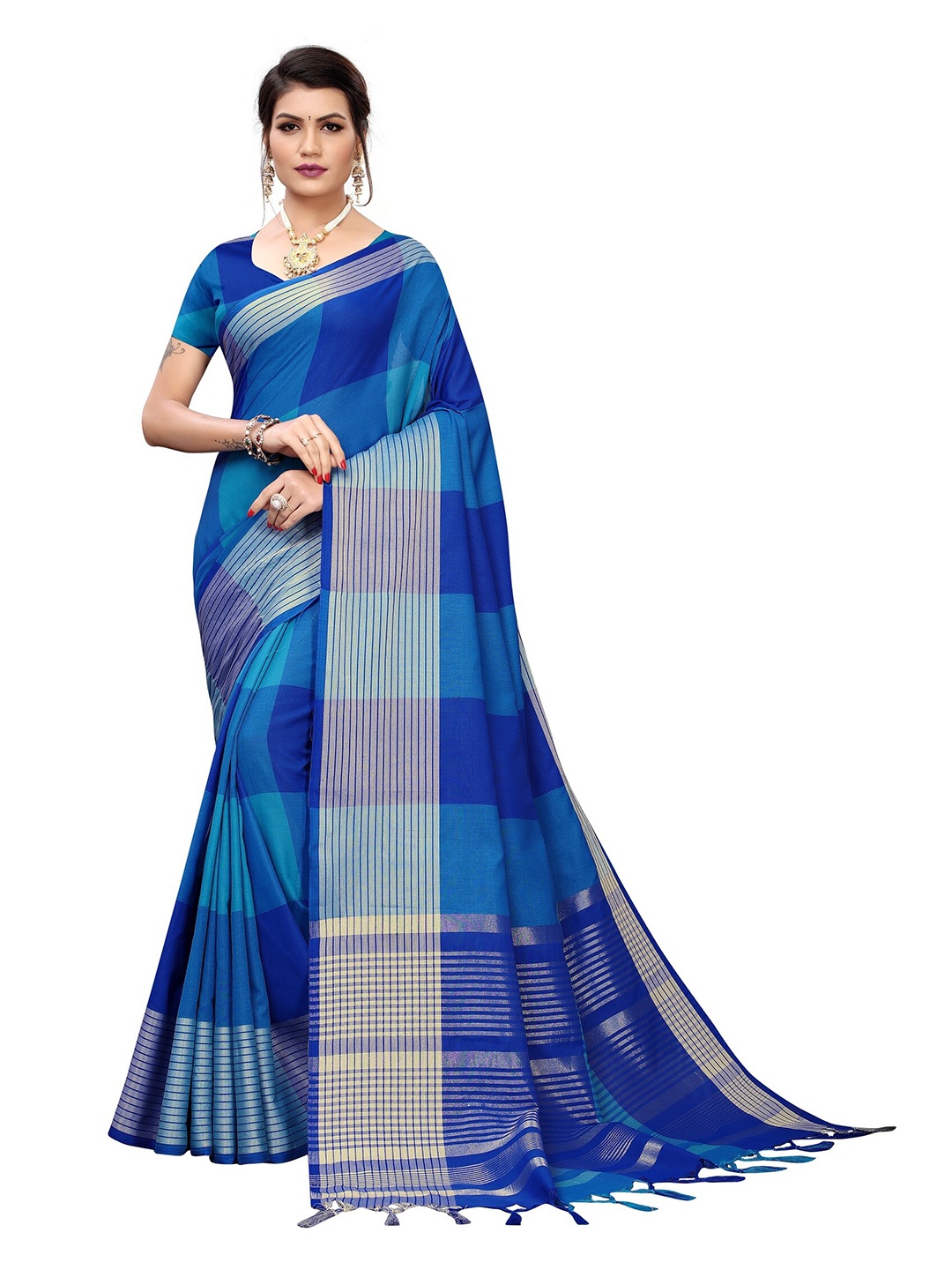 

Yashika Blue & Silver-Toned Checked Zari Silk Cotton Ilkal Saree