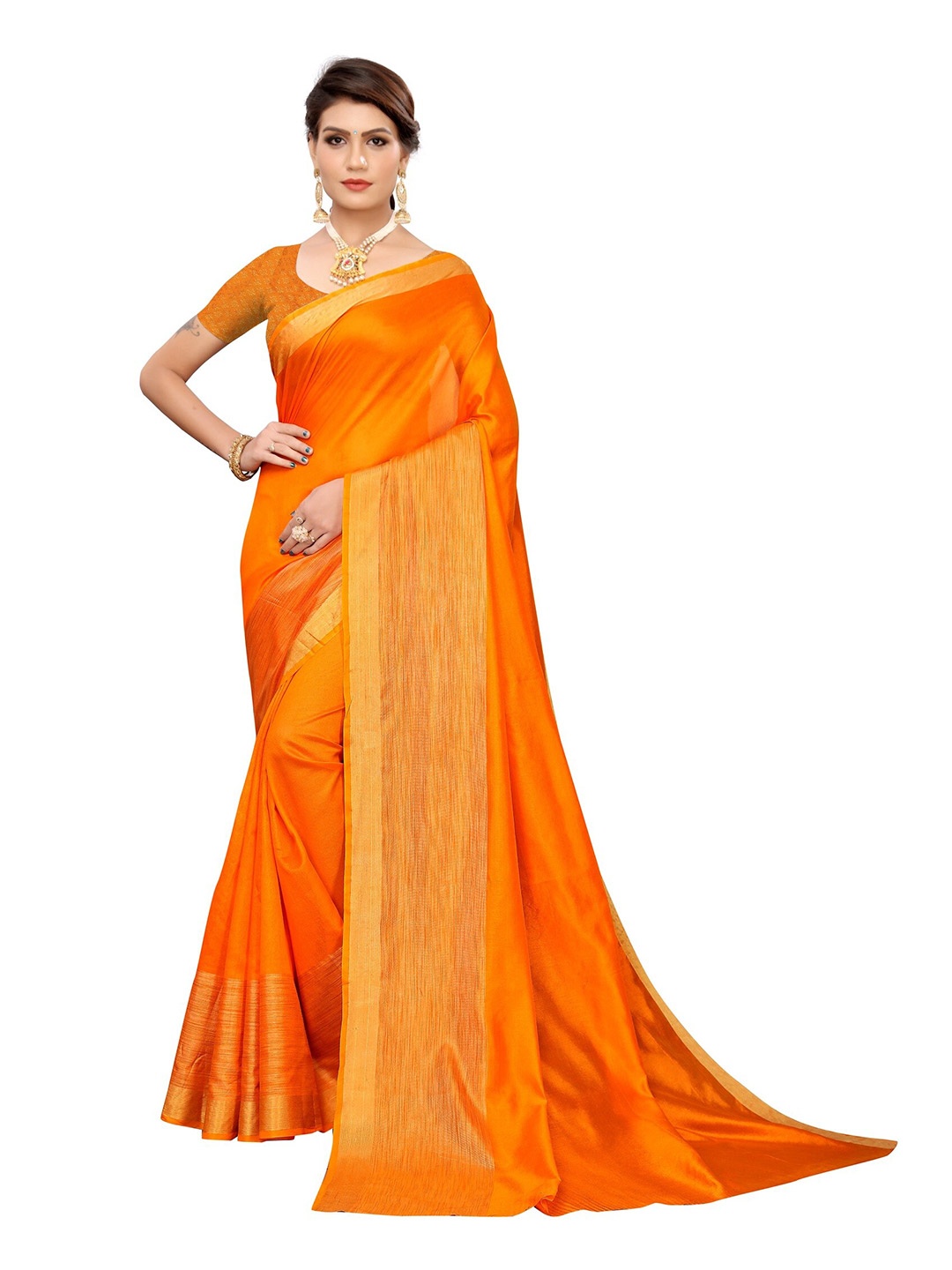 

Yashika Orange & Gold-Toned Woven Design Silk Cotton Ilkal Saree