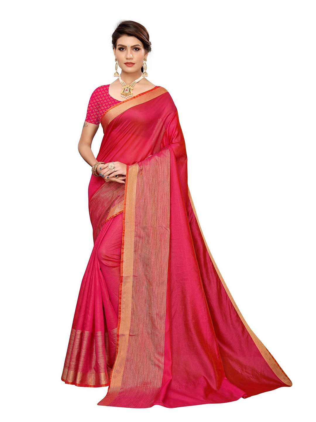 

Yashika Pink & Gold-Toned Zari Silk Cotton Ilkal Saree