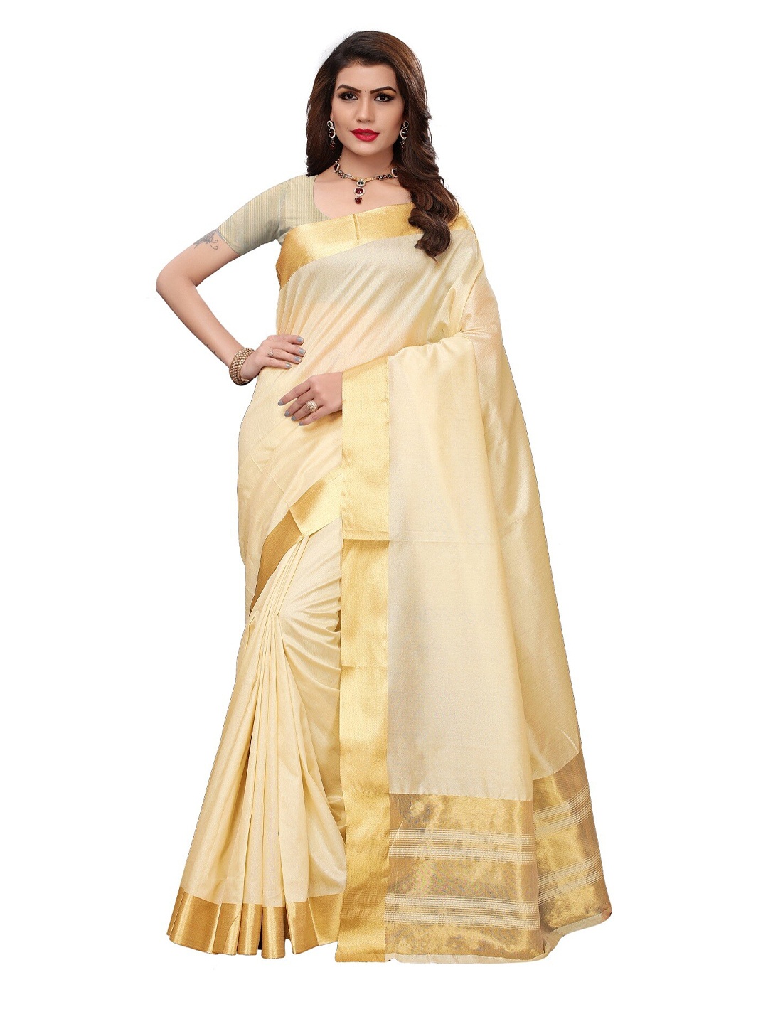 

Yashika Cream-Coloured & Gold-Toned Striped Silk Cotton Ilkal Saree