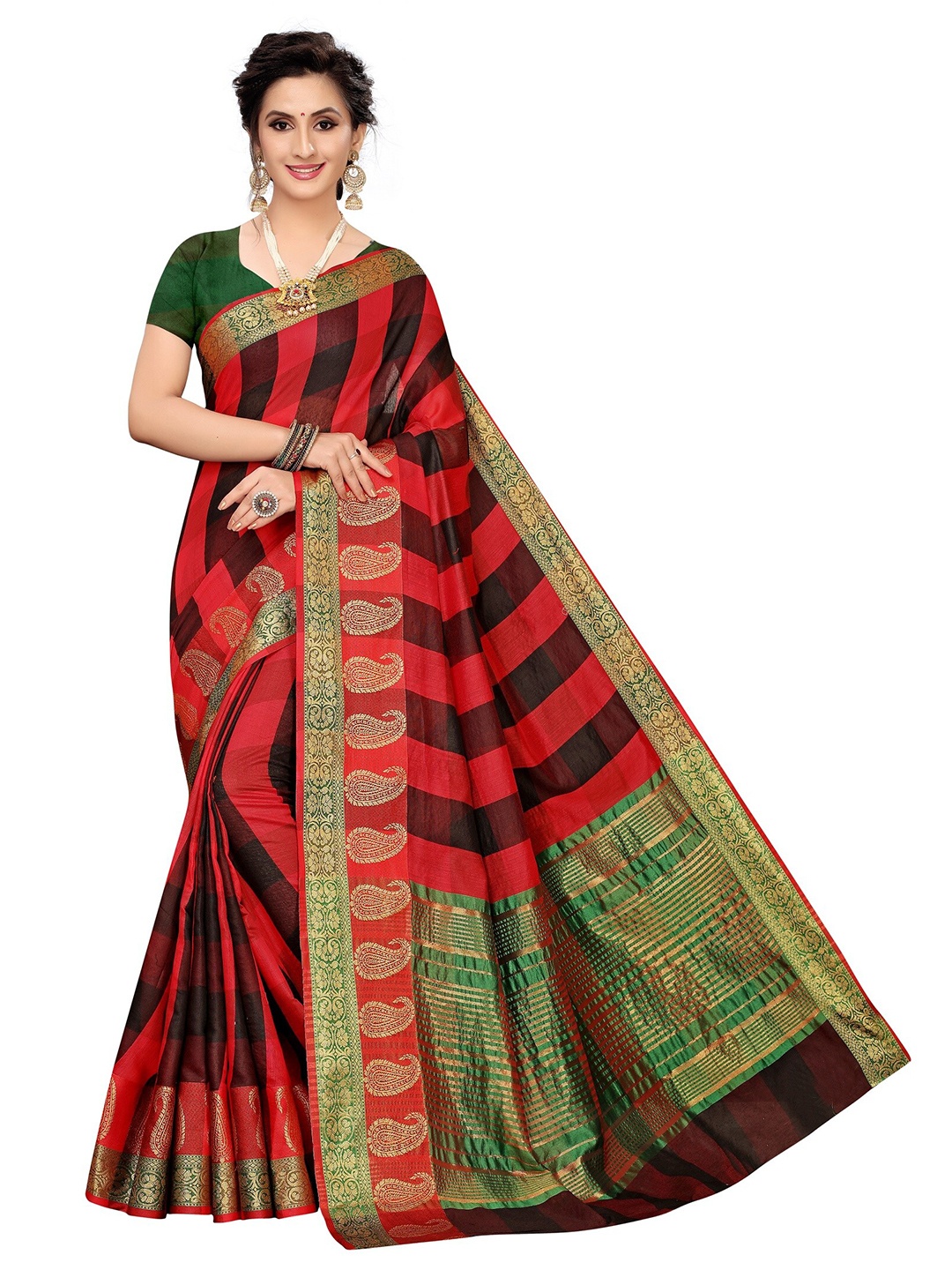 

Yashika Black & Red Striped Zari Silk Cotton Ilkal Saree
