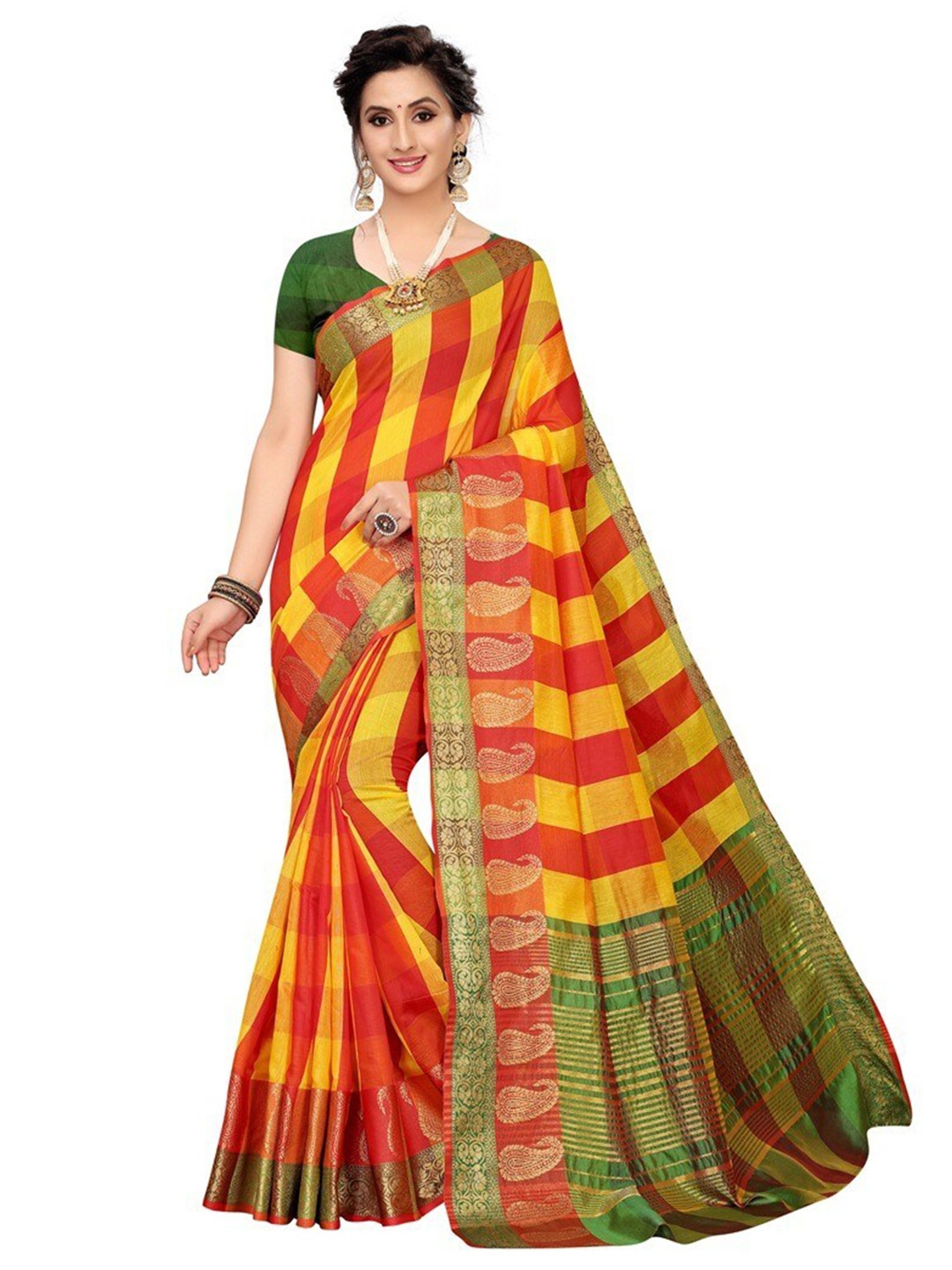

Yashika Yellow & Green Striped Zari Silk Cotton Ilkal Saree
