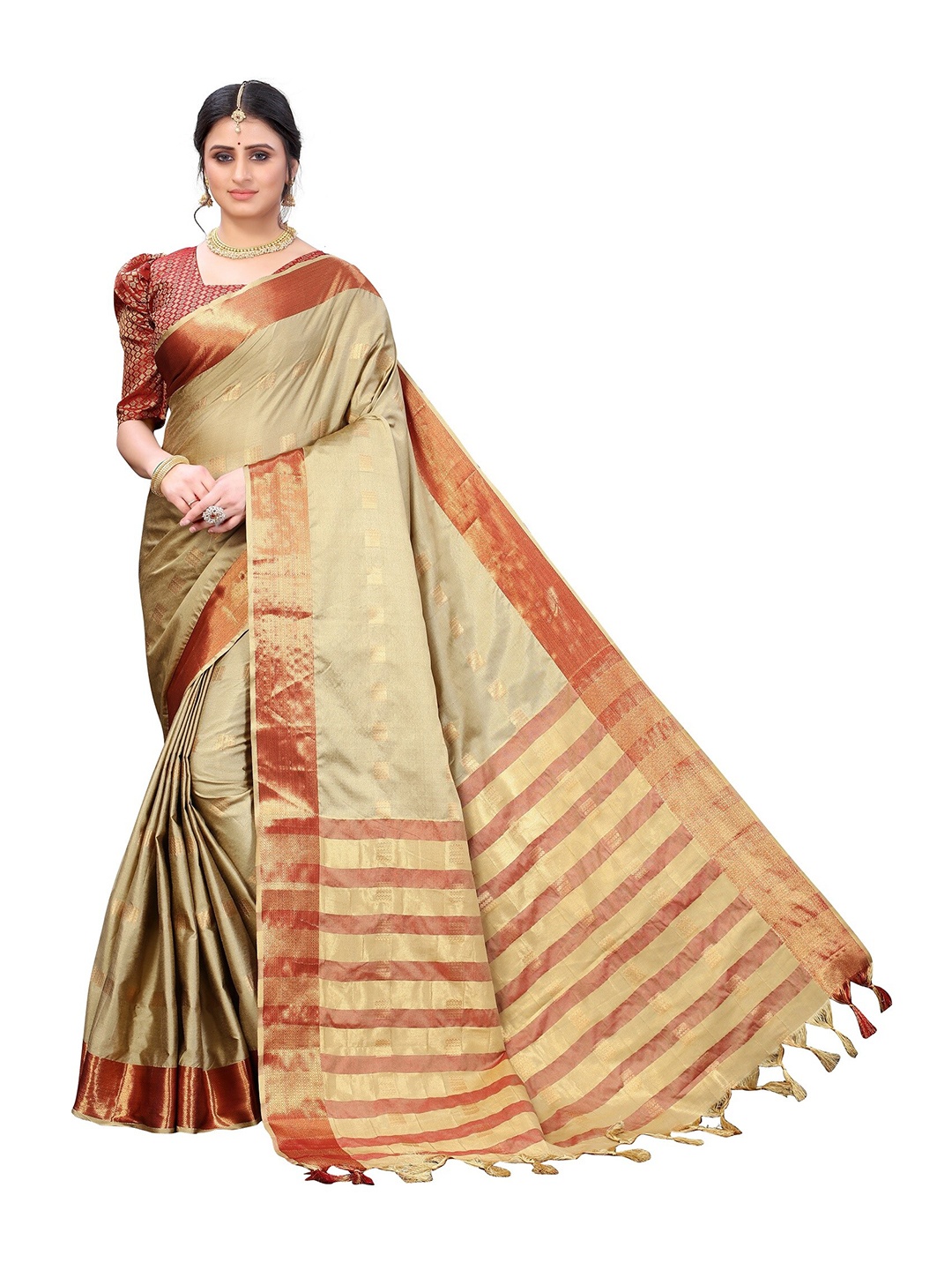 

Yashika Cream-Coloured & Gold-Toned Woven Design Zari Silk Cotton Ilkal Saree