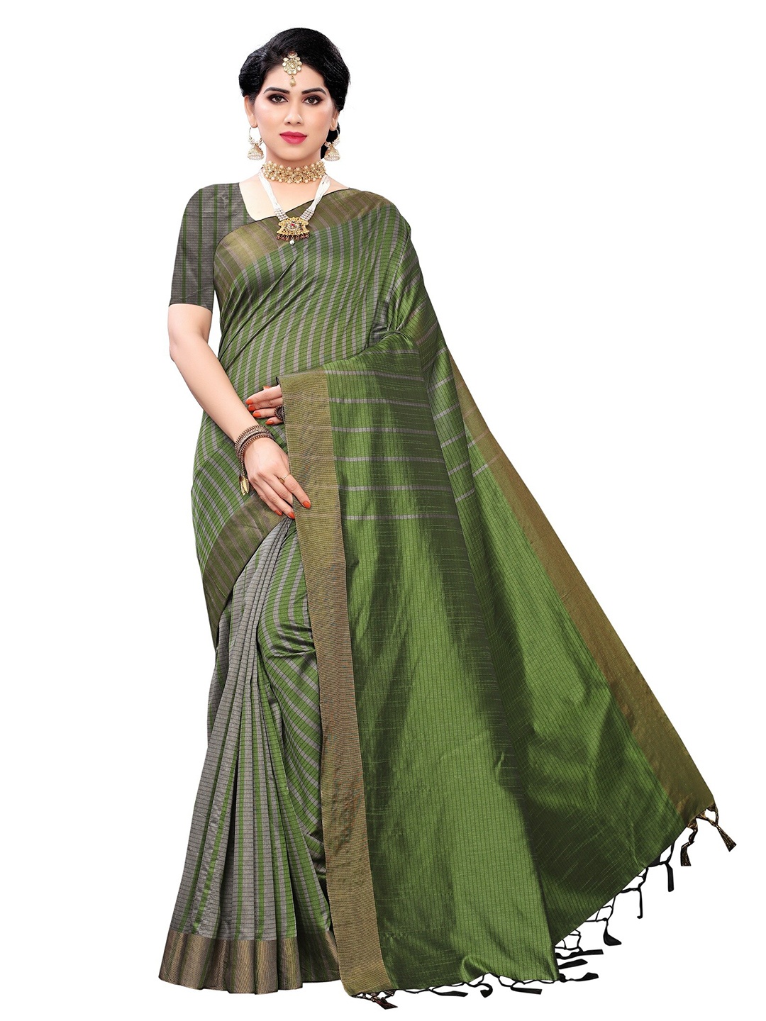 

Yashika Green & Gold-Toned Woven Design Zari Silk Cotton Ilkal Saree