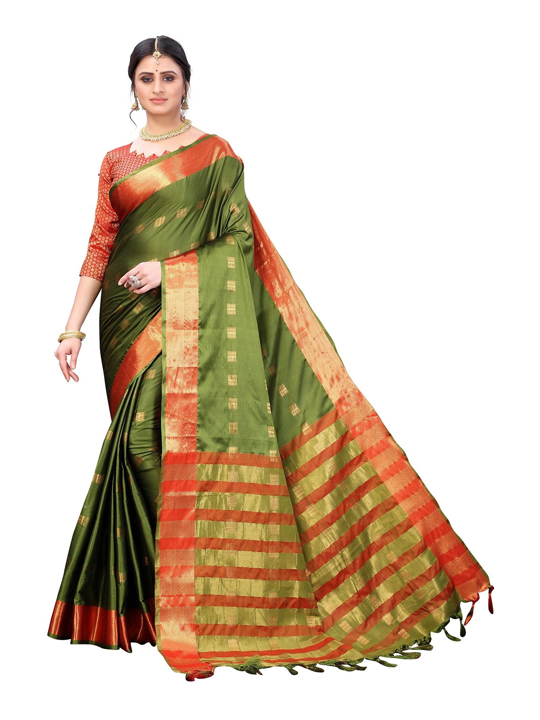 

Yashika Green & Gold-Toned Floral Zari Silk Cotton Ilkal Saree