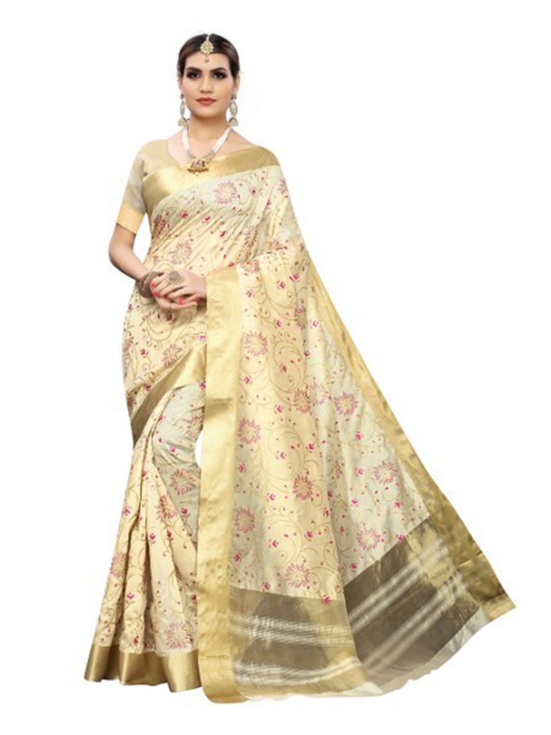 

Yashika Cream-Coloured & Red Floral Zari Silk Cotton Ilkal Saree