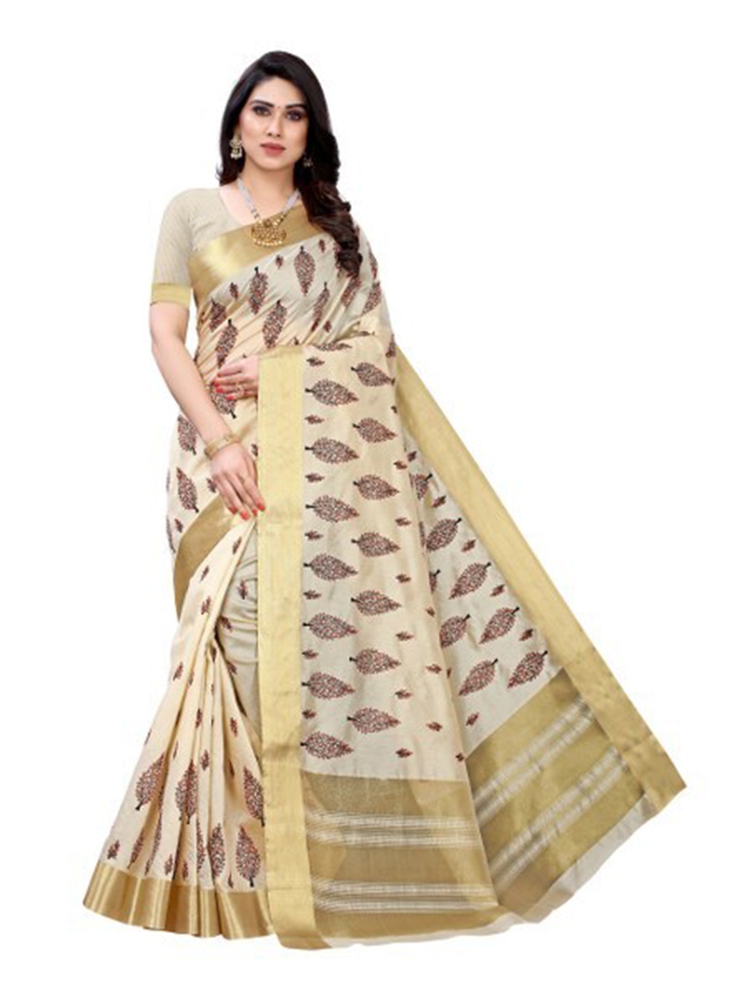 

Yashika Cream-Coloured & Gold-Toned Zari Silk Cotton Ilkal Saree