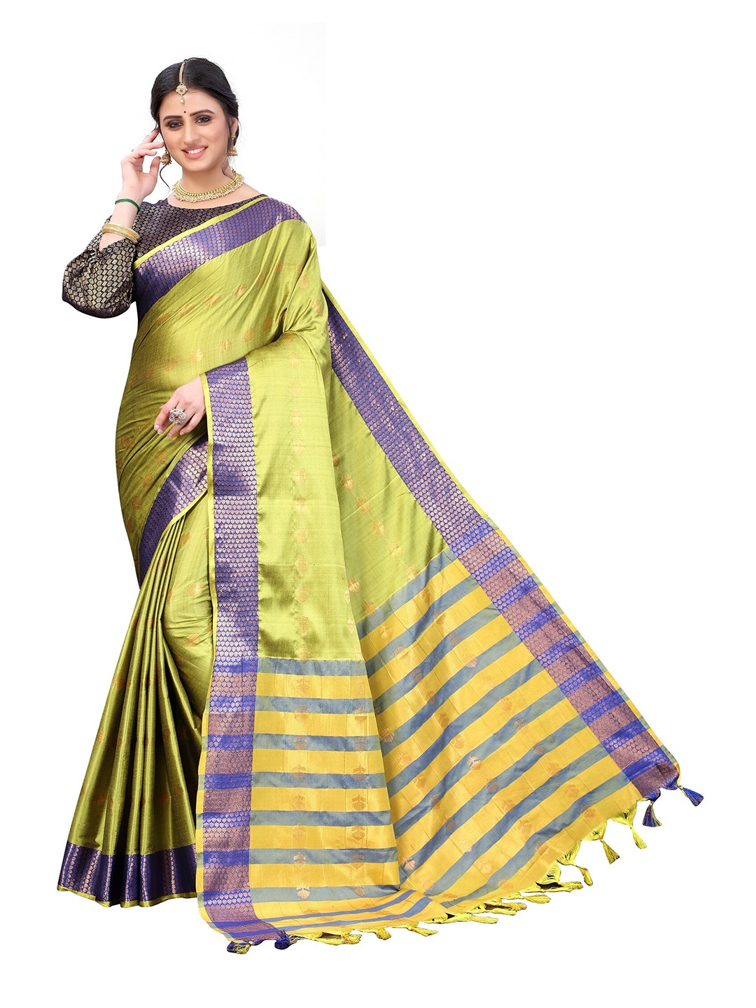 

Yashika Green & Purple Striped Zari Silk Cotton Ilkal Saree