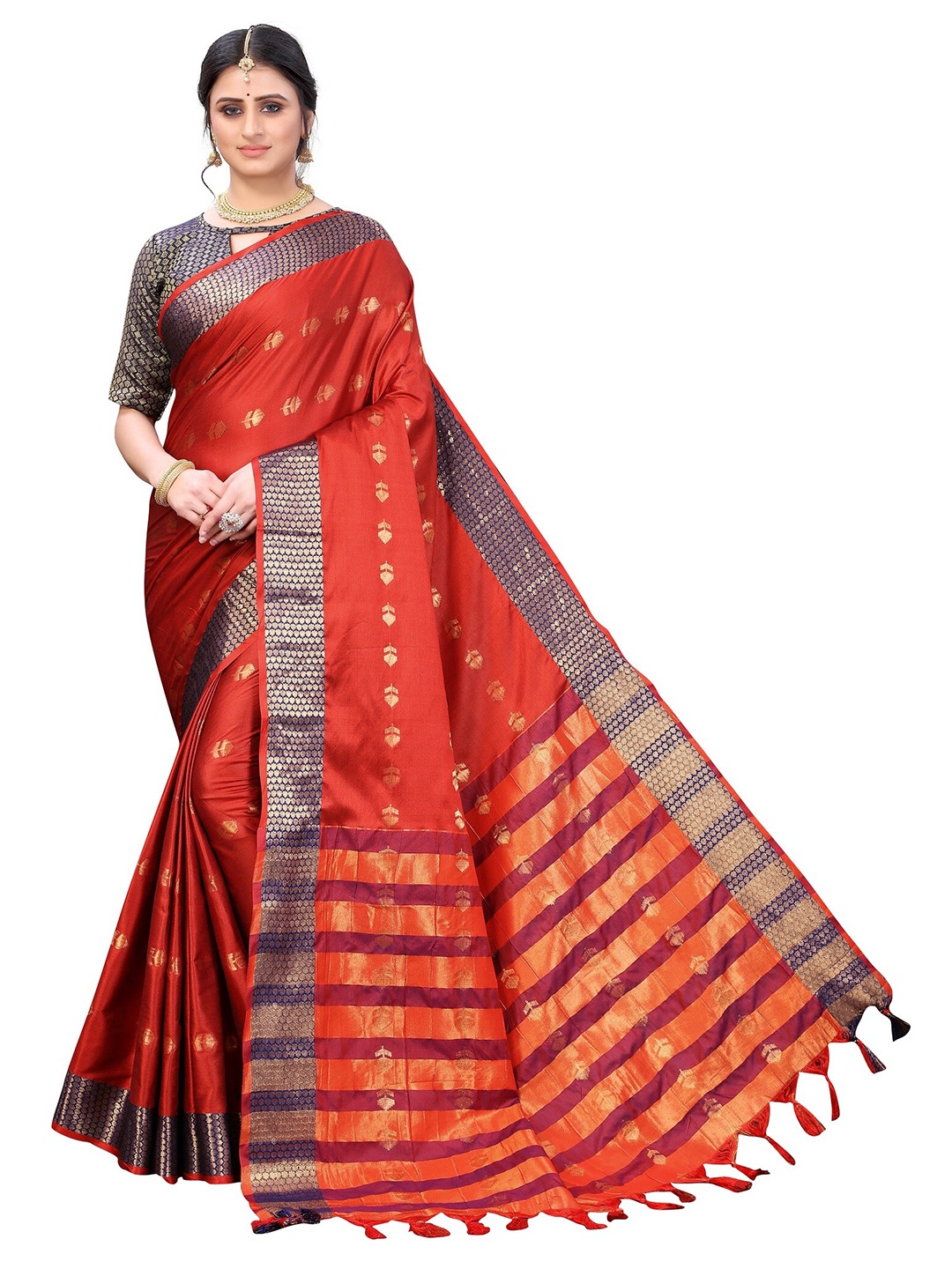 

Yashika Red & Navy Blue Woven Design Zari Silk Cotton Ilkal Saree