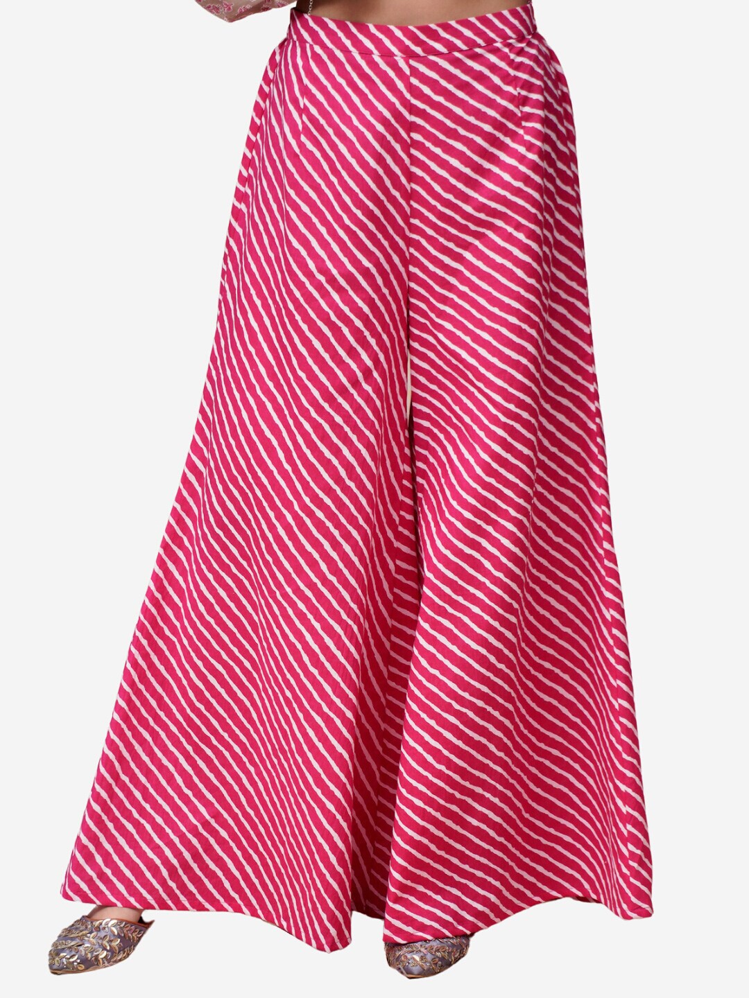

Alaya By Stage3 Women Pink & White Leheriya Flared Cotton Palazzos
