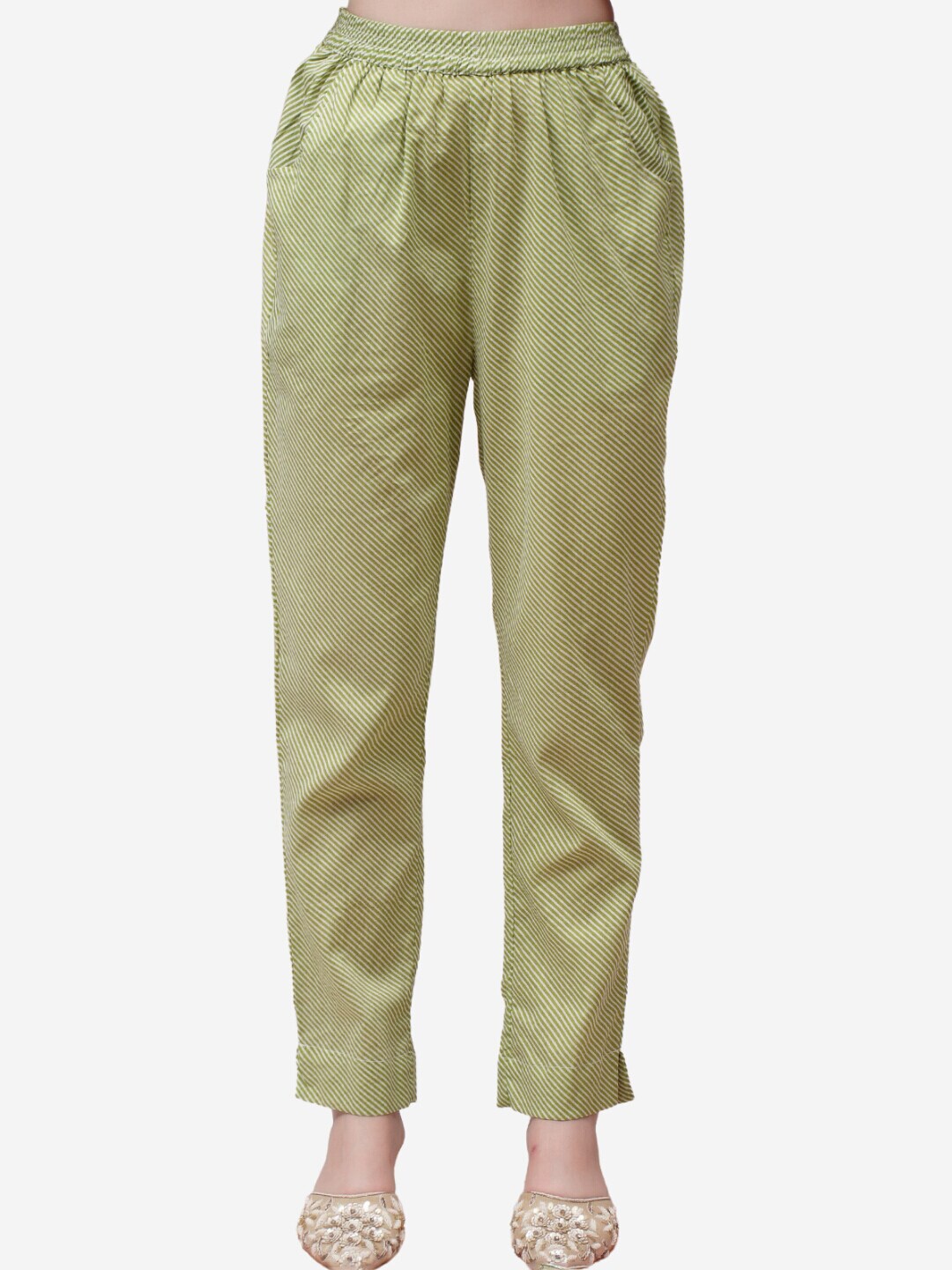 

Alaya By Stage3 Women Green Striped Tapered Fit Cotton Easy Wash Trousers