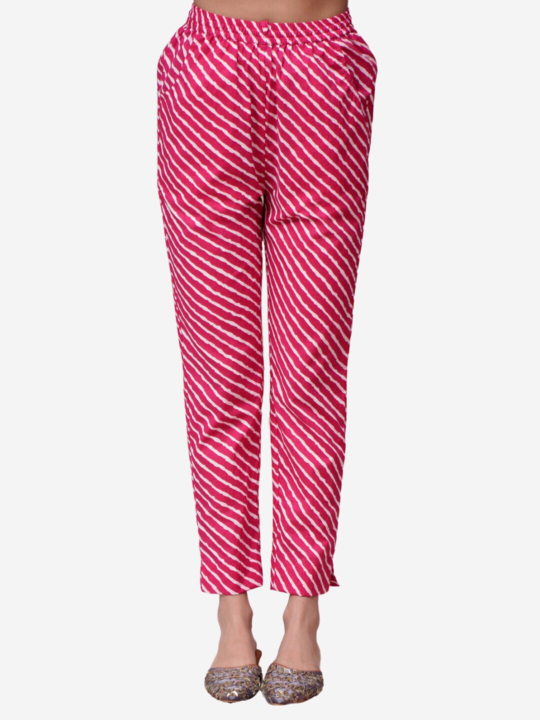 

Alaya By Stage3 Women Pink & White Printed Leheriya Cotton Palazzos