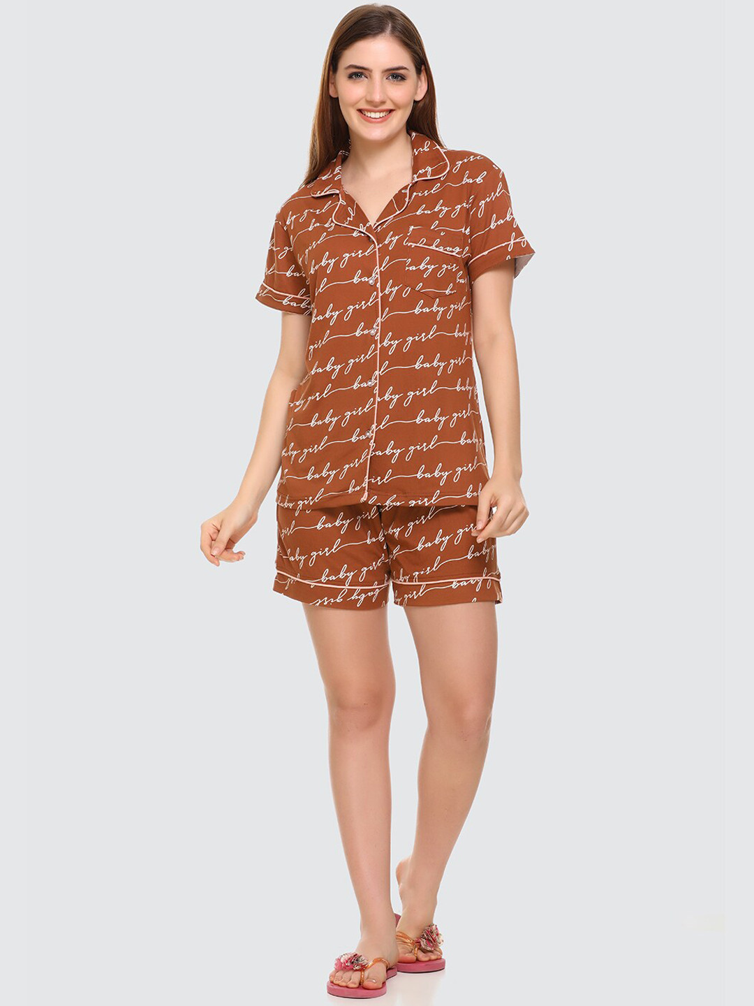 

CUSHYBEE Women Brown & White Typography Printed Night suit