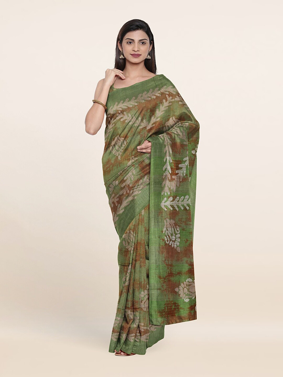 

Pothys Green & Brown Batik Jute Cotton Saree