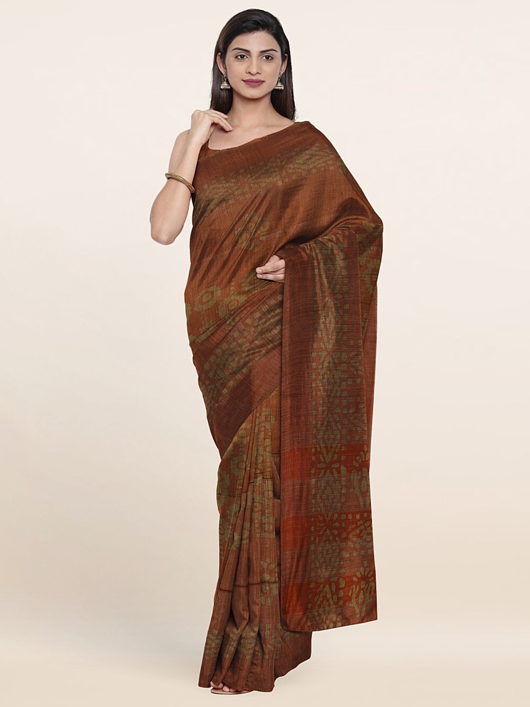 

Pothys Orange & Green Batik Print Jute Cotton Saree