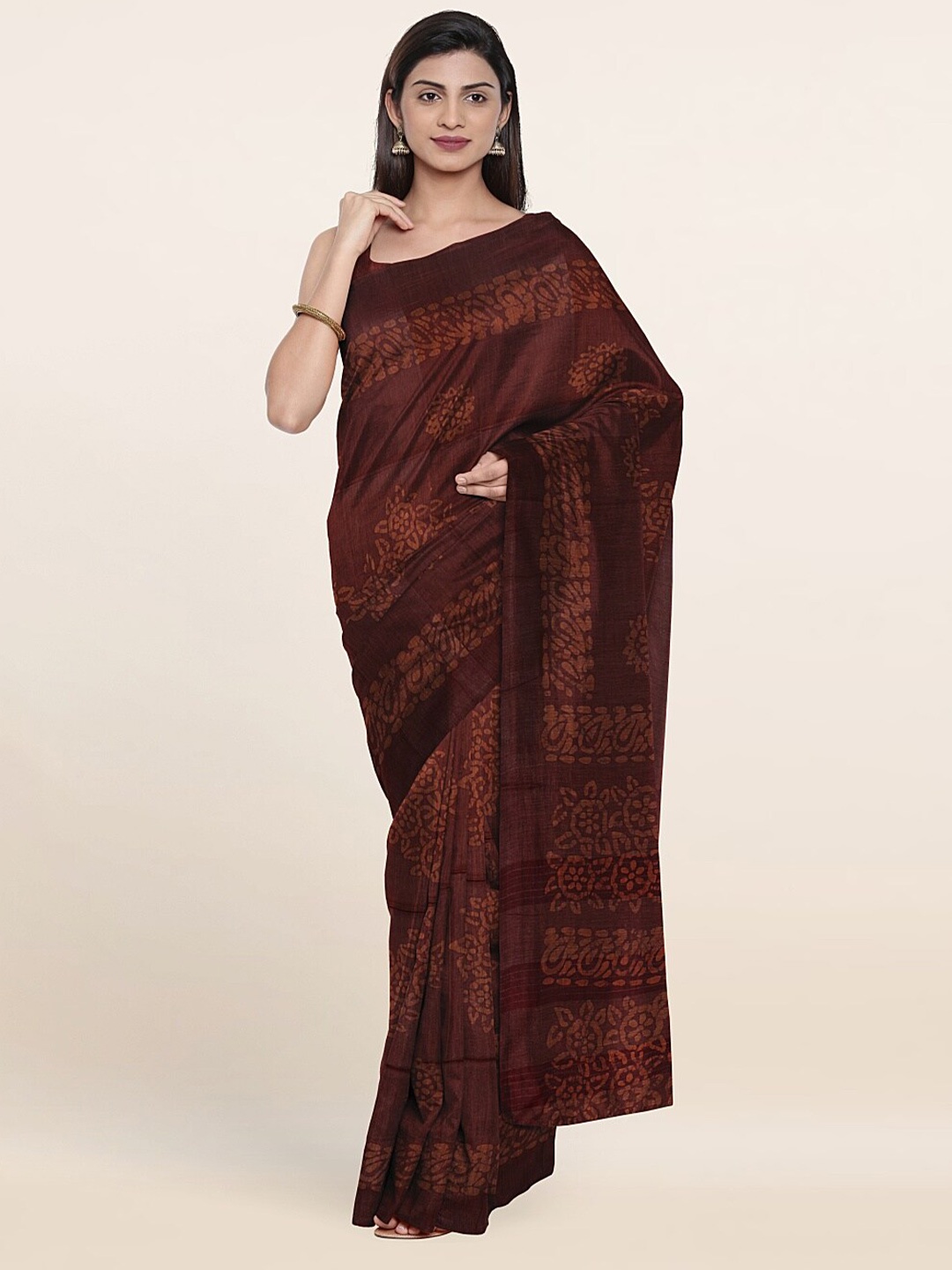 

Pothys Maroon Batik Print Jute Cotton Saree