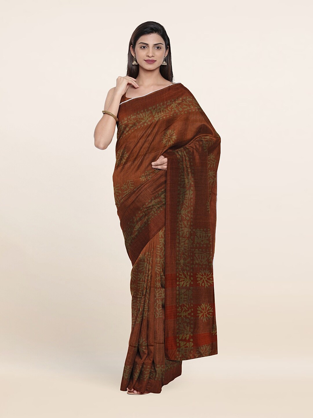 

Pothys Orange Batik Print Jute Cotton Saree