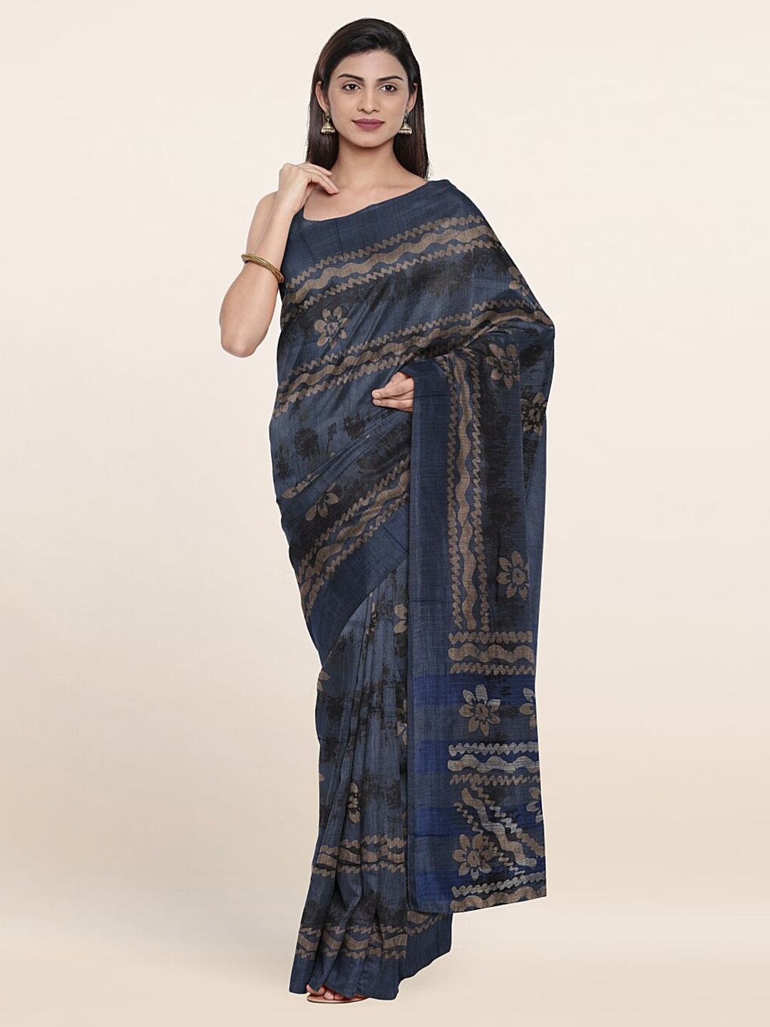 

Pothys Blue & Beige Batik Print Jute Cotton Saree
