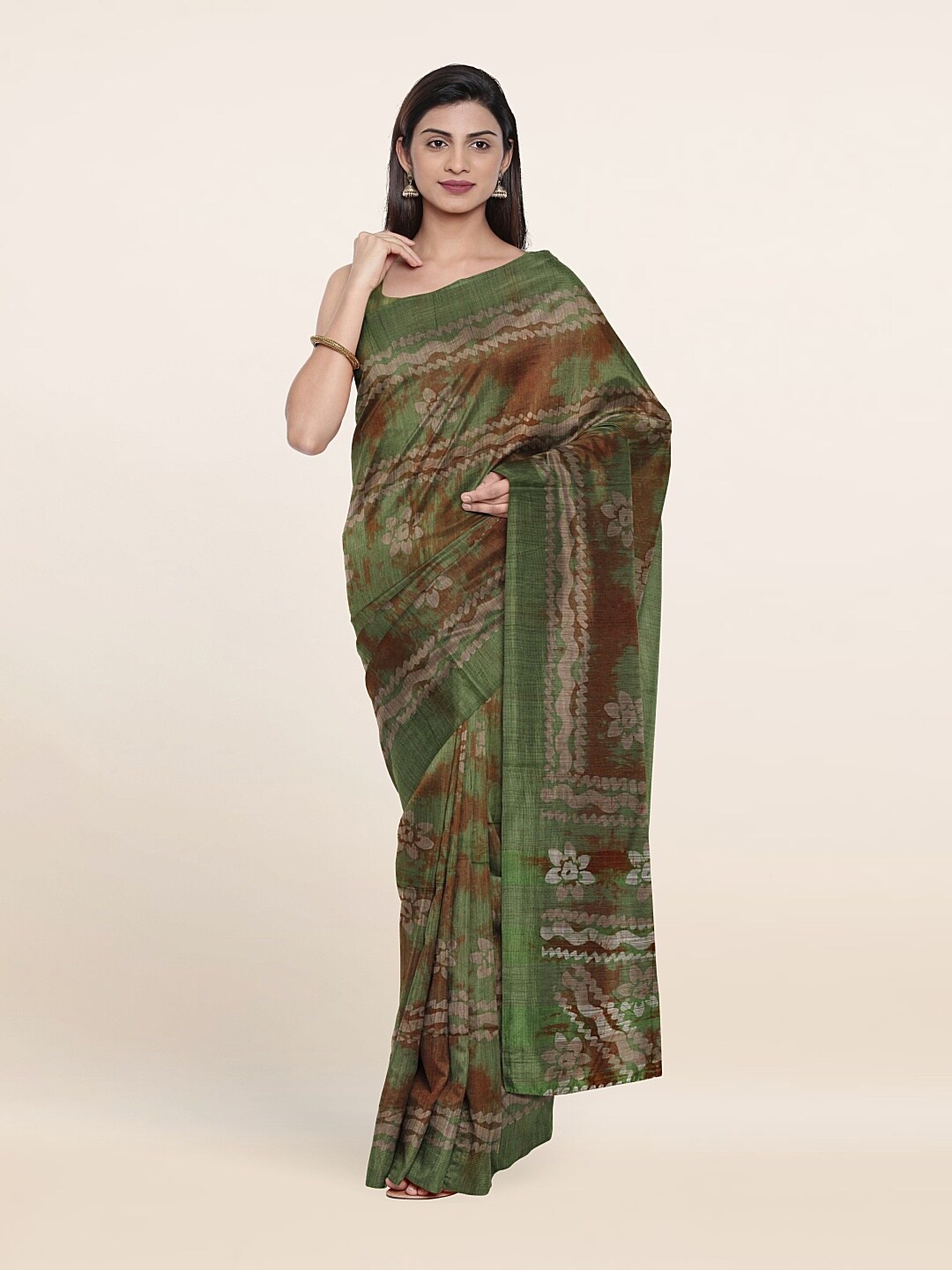 

Pothys Green & Brown Batik Print Jute Cotton Saree
