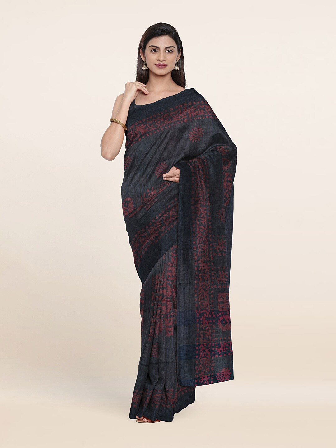 

Pothys Grey & Pink Batik Print Jute Cotton Saree