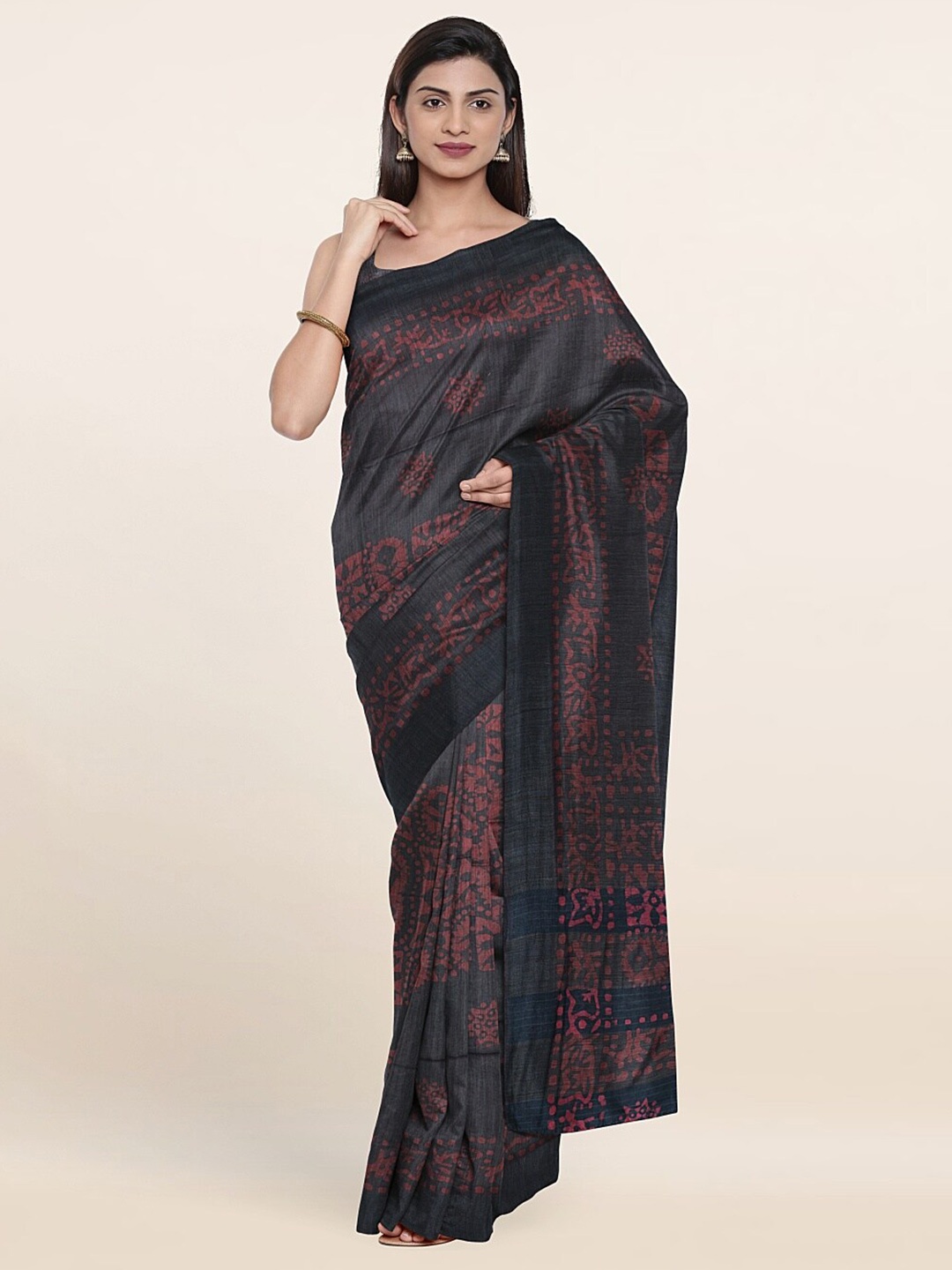 

Pothys Grey & Pink Batik Print Jute Cotton Saree