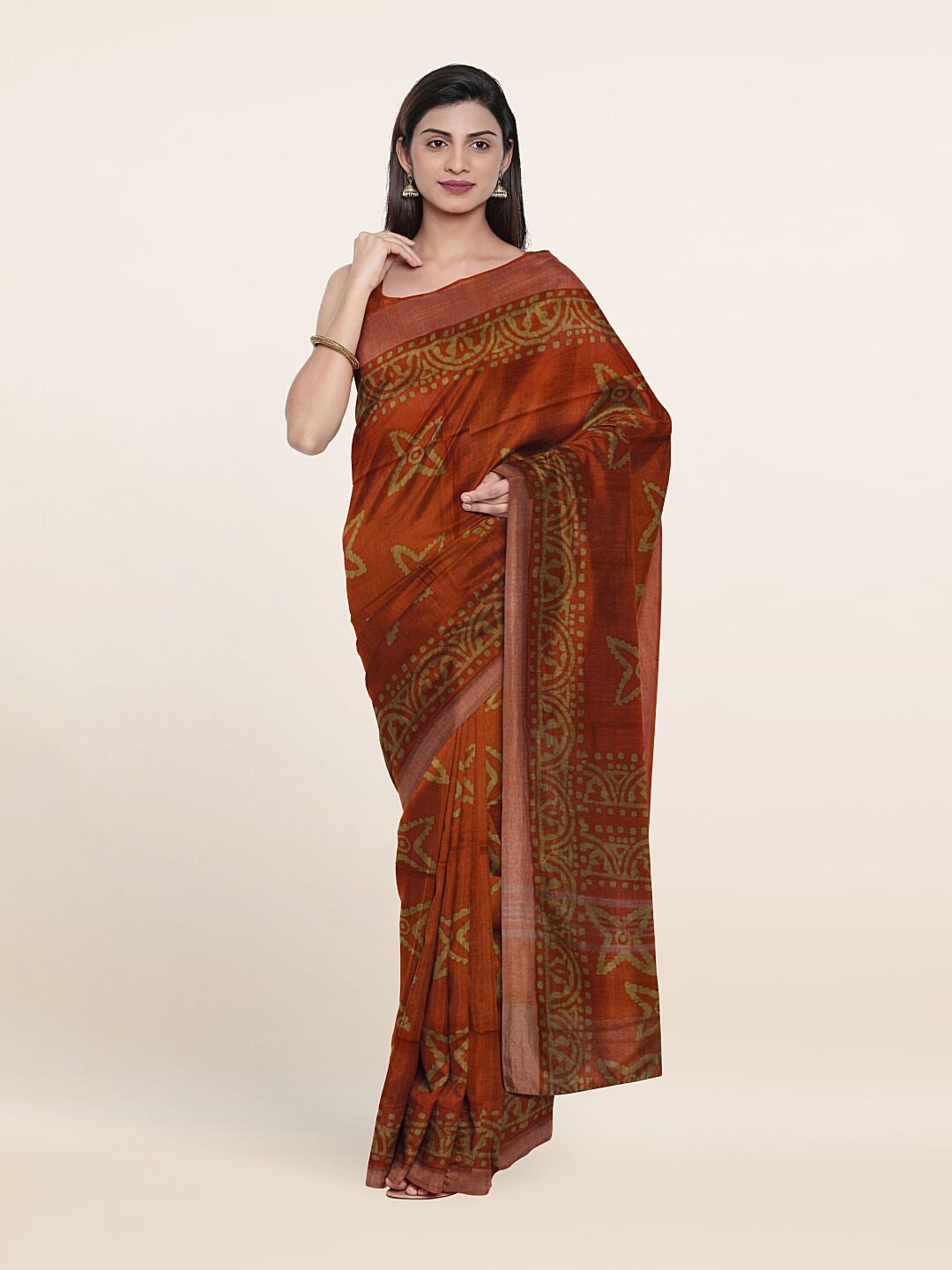 

Pothys Orange & Green Batik Print Jute Cotton Saree