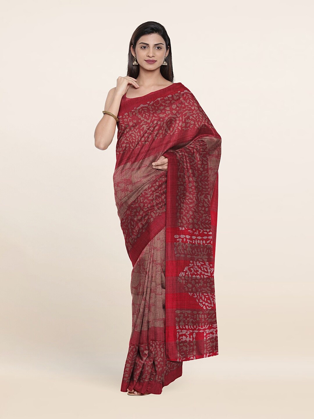 

Pothys Red Batik Print Jute Cotton Saree