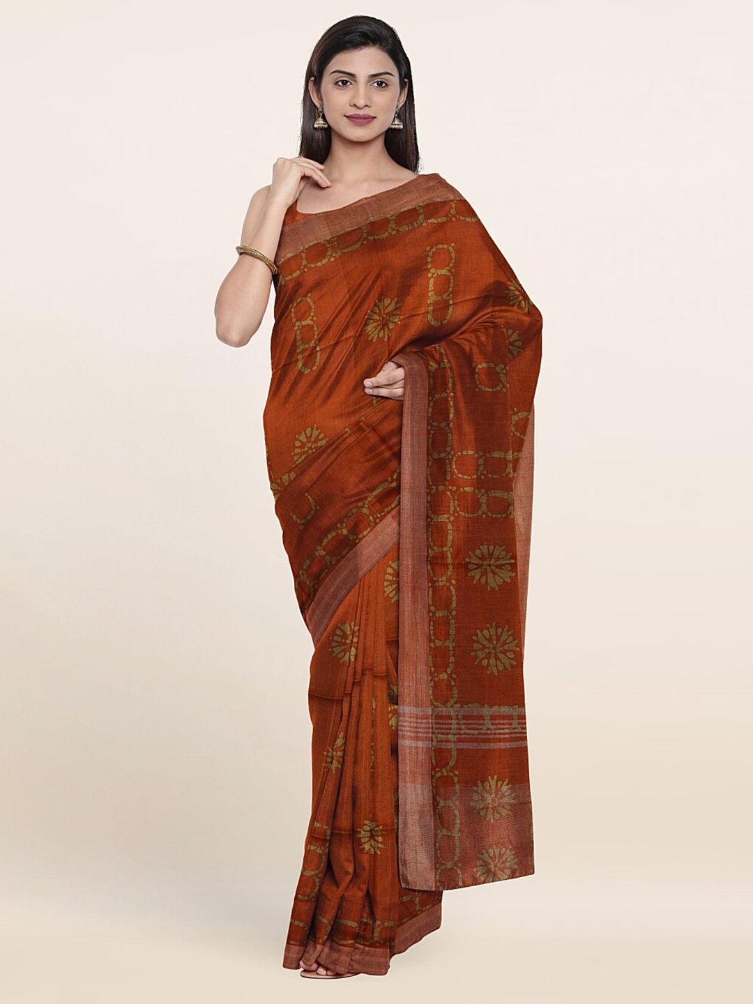 

Pothys Orange & Green Batik Print Jute Cotton Saree