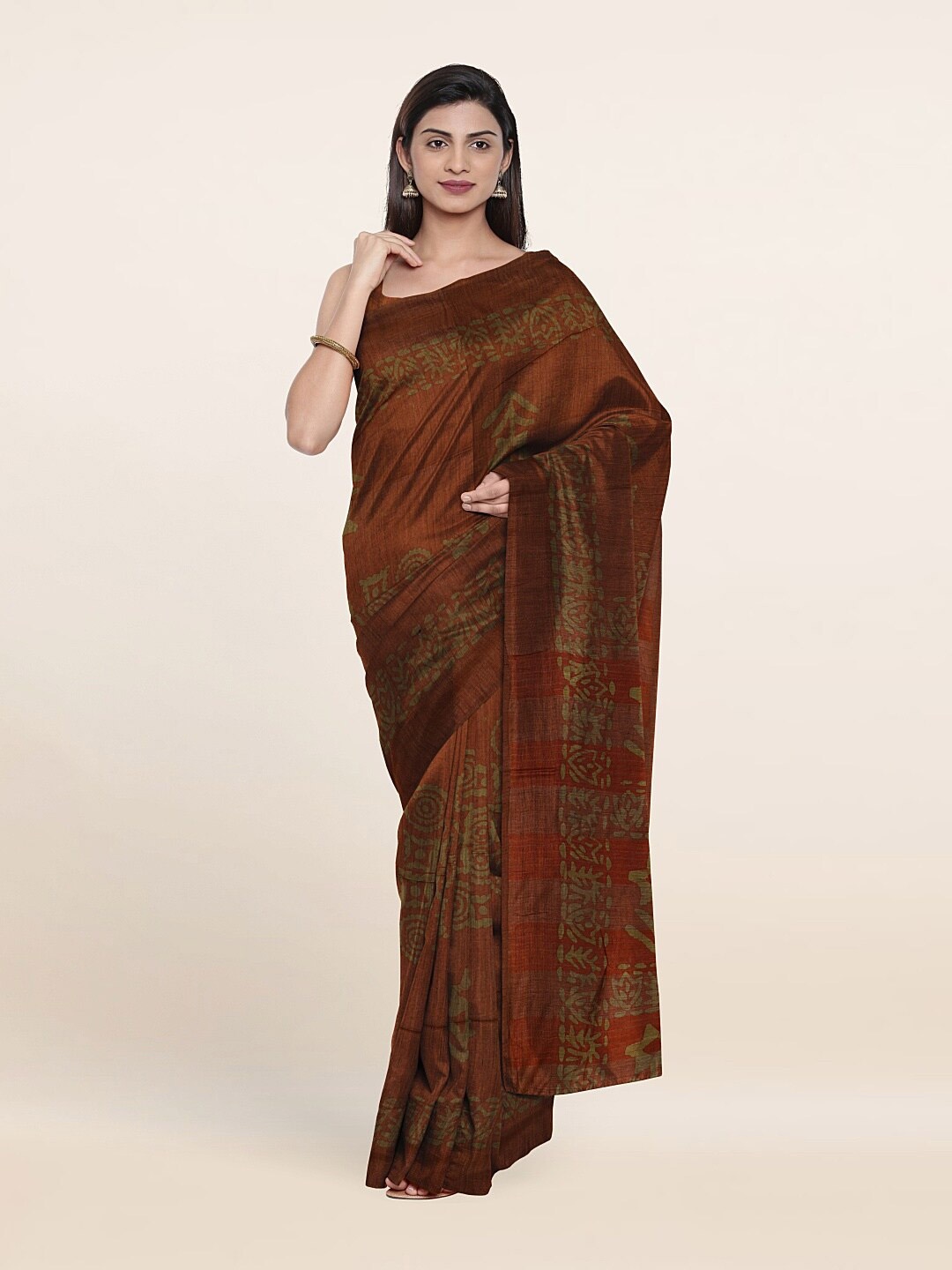 

Pothys Orange & Green Batik Jute Cotton Saree