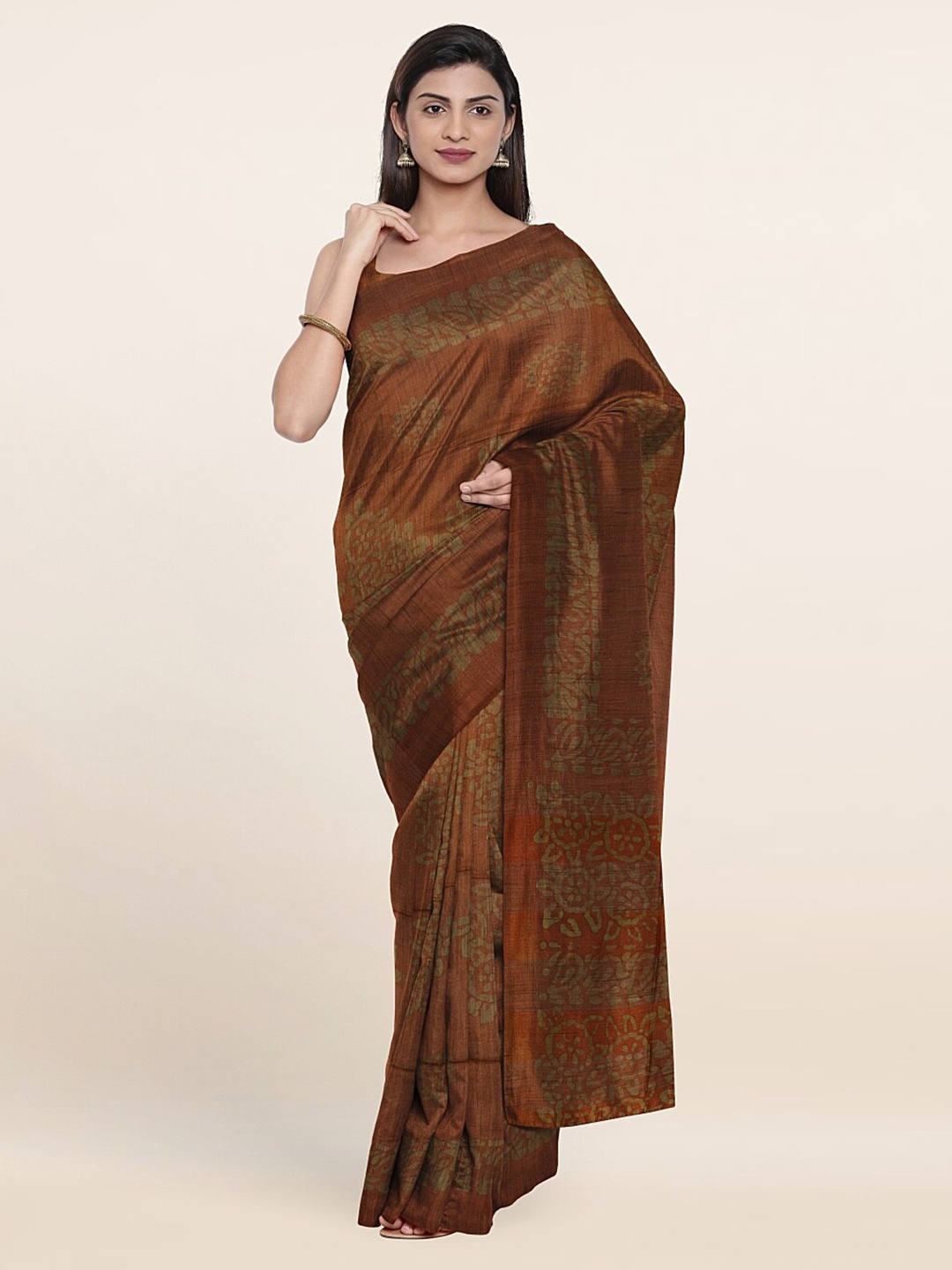 

Pothys Orange & Green Batik Print Jute Cotton Saree