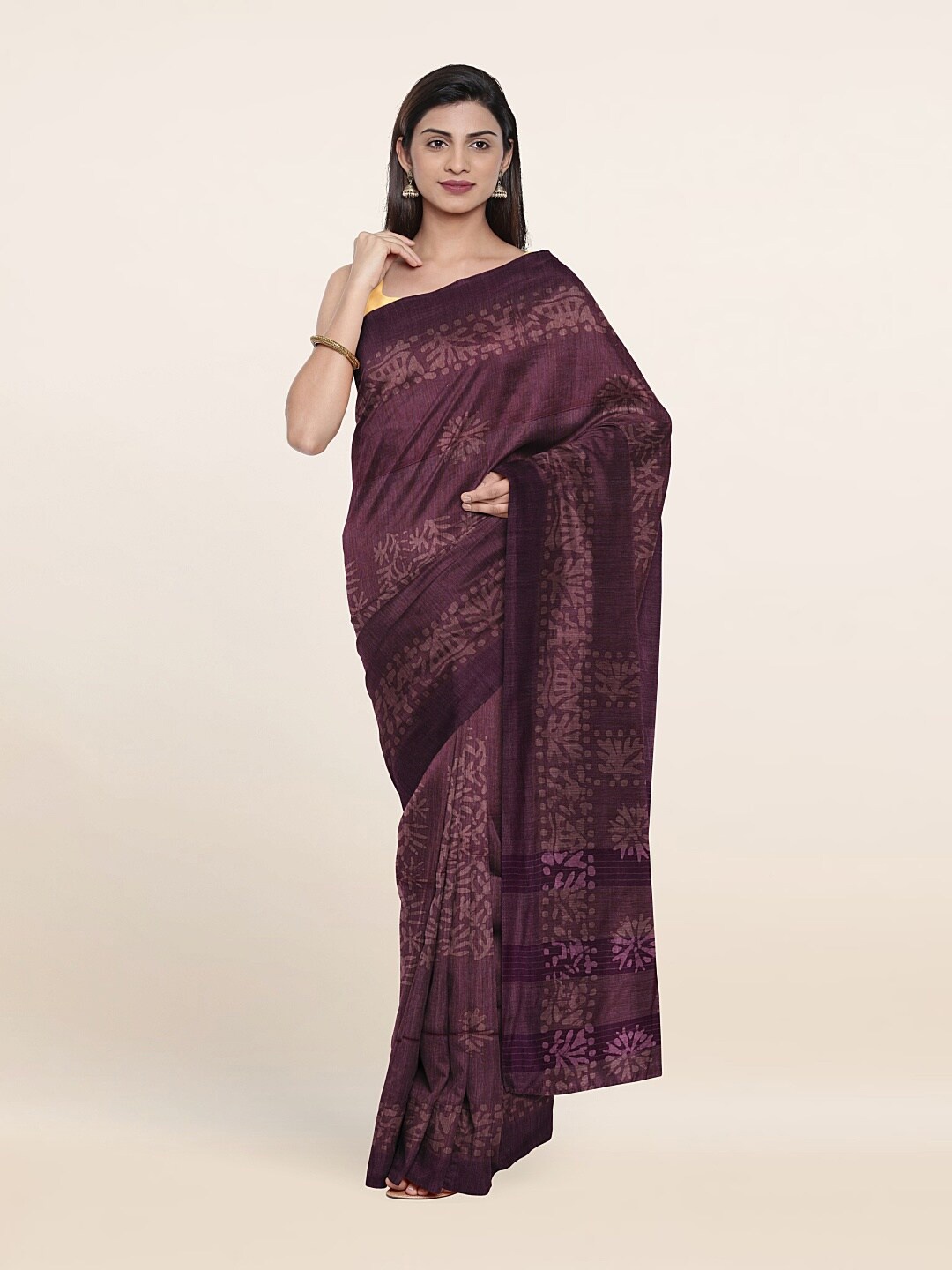 

Pothys Purple Batik Print Jute Cotton Saree