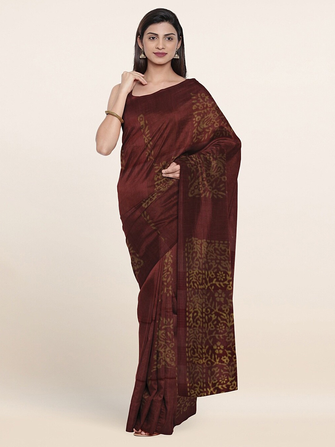 

Pothys Maroon & Gold-Toned Floral Jute Cotton Saree