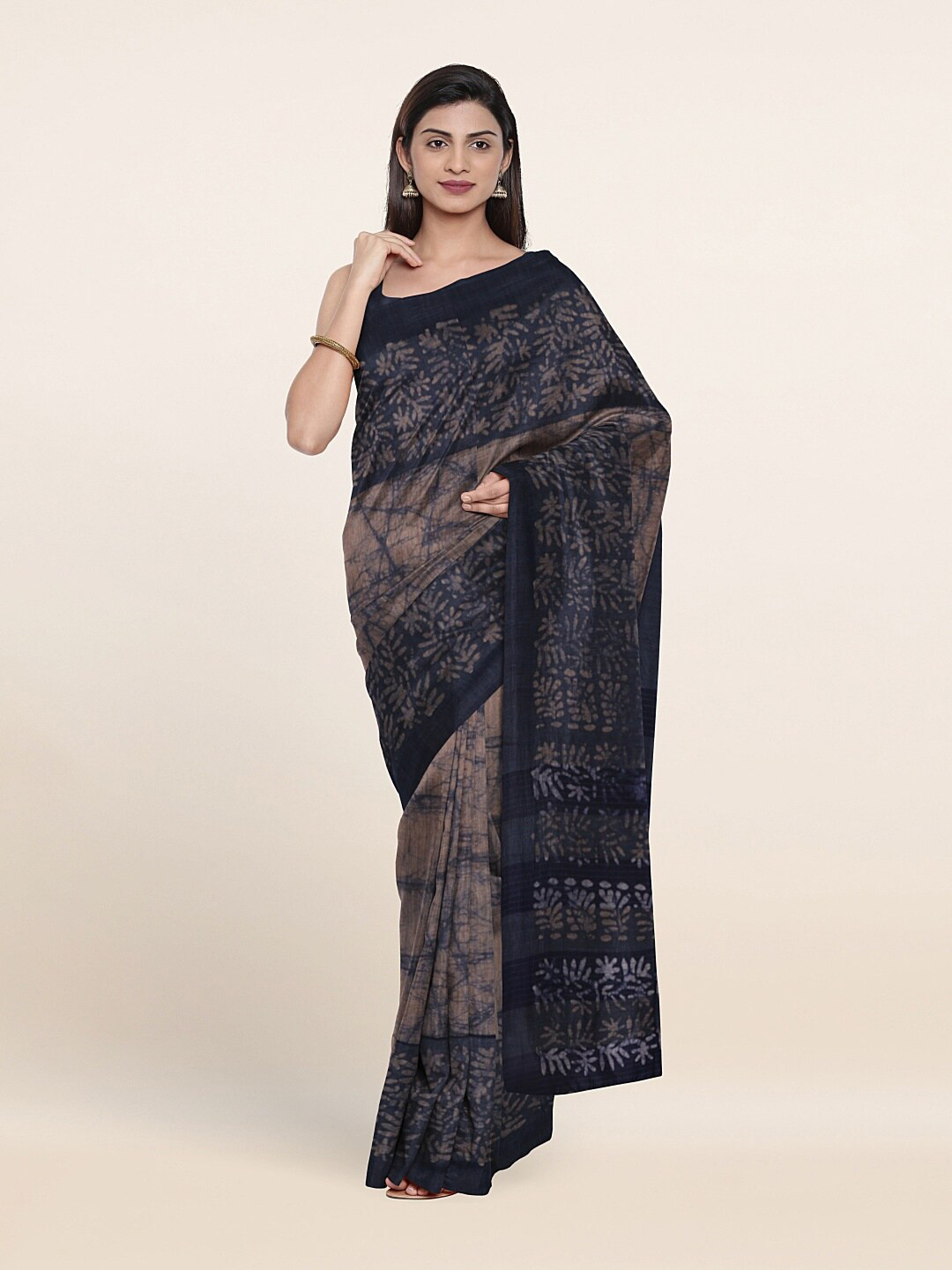 

Pothys Navy Blue & Brown Batik Jute Cotton Saree