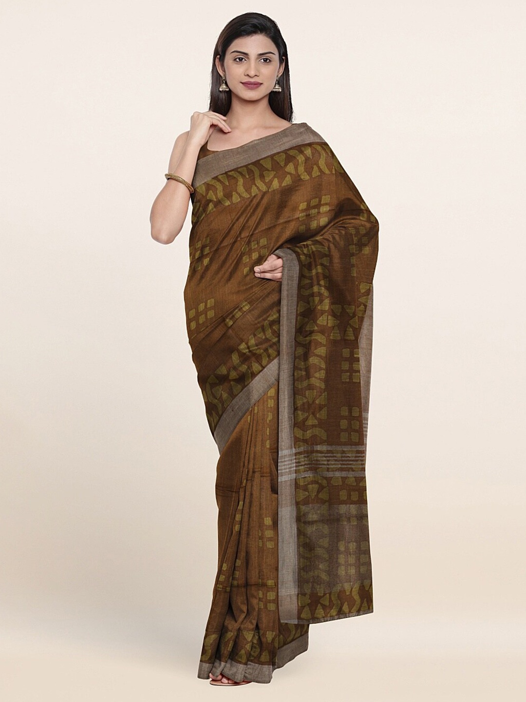 

Pothys Green & Gold-Toned Floral Zari Jute Cotton Saree