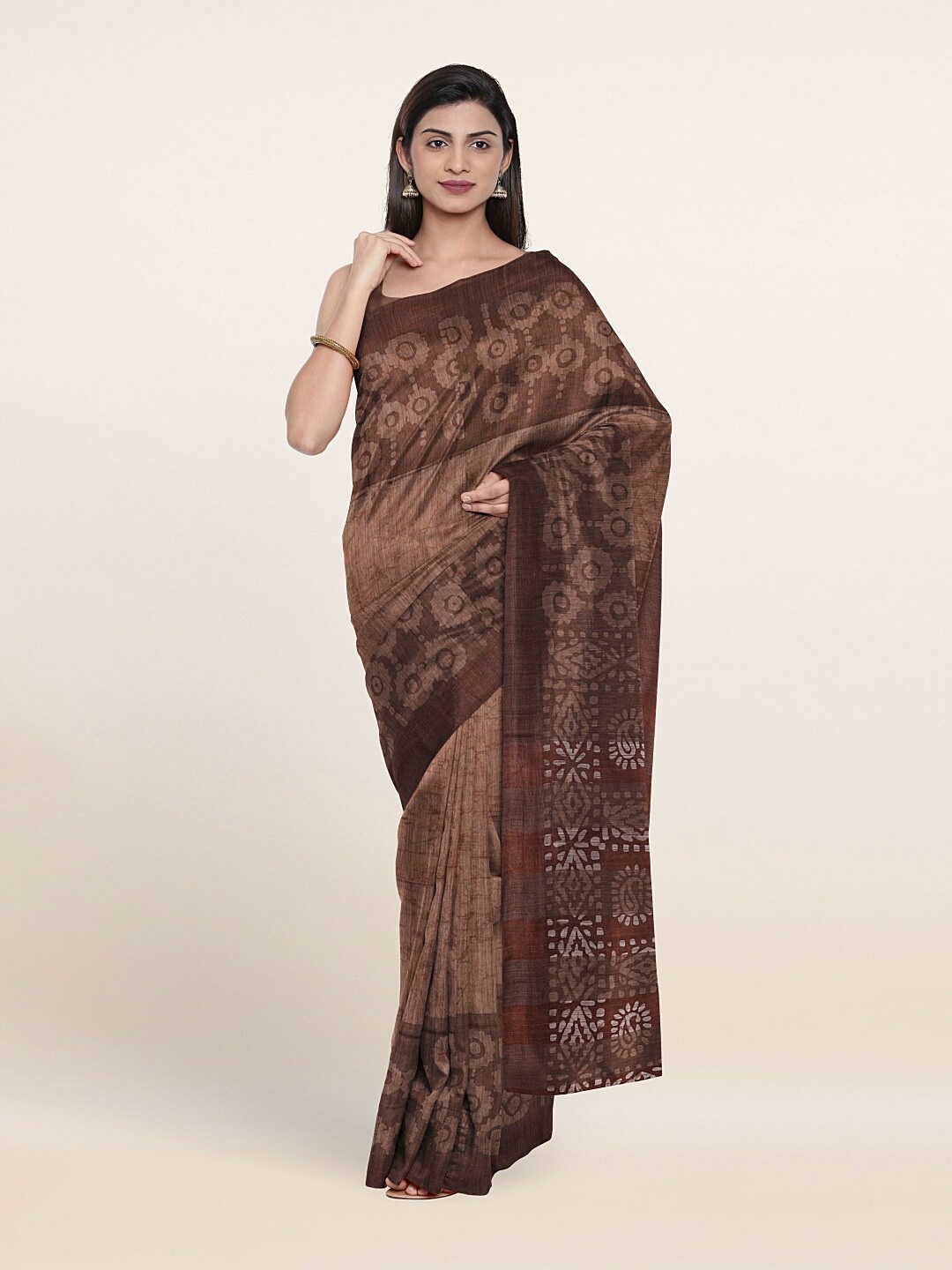 

Pothys Brown & Grey Batik Jute Cotton Saree