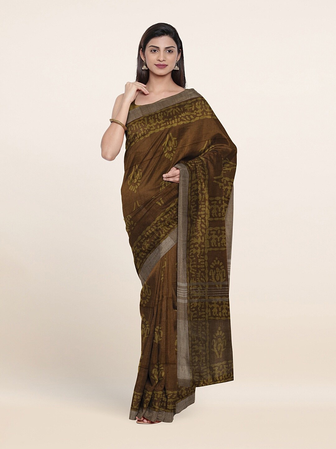 

Pothys Olive Green Ethnic Motifs Jute Cotton Saree