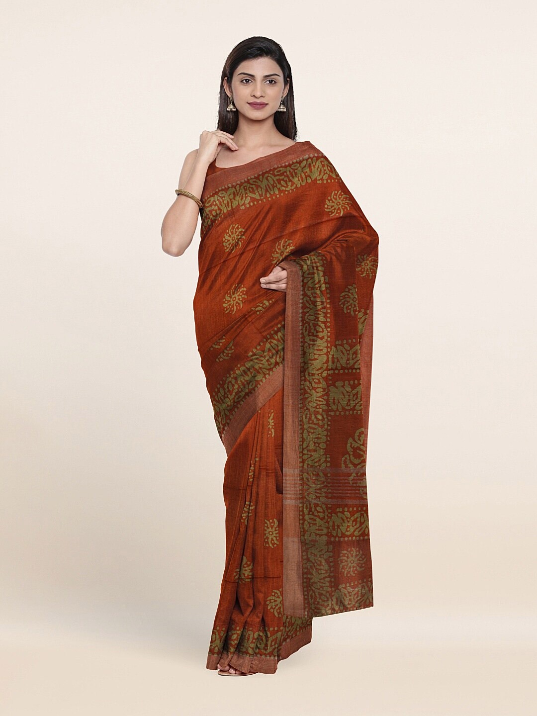 

Pothys Orange & Green Floral Jute Cotton Saree