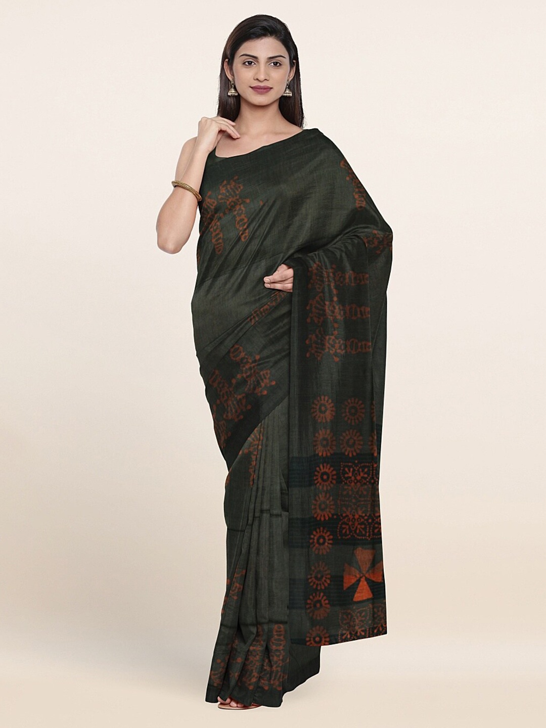 

Pothys Green & Orange Ethnic Motifs Jute Cotton Saree