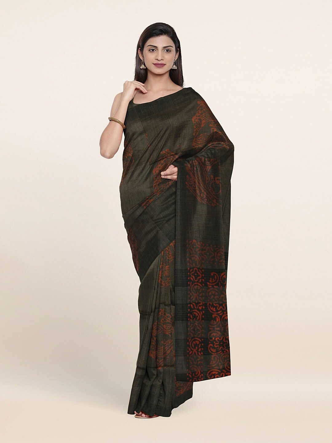 

Pothys Green & Orange Batik Jute Cotton Saree