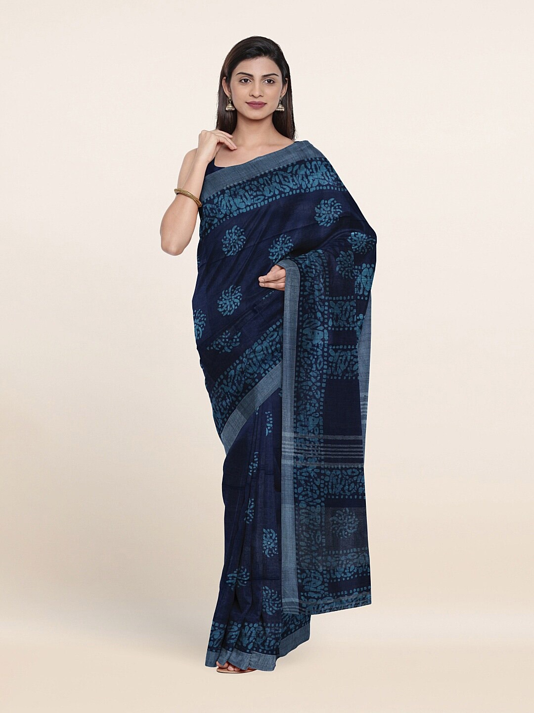 

Pothys Blue & Silver-Toned Batik Zari Jute Cotton Saree