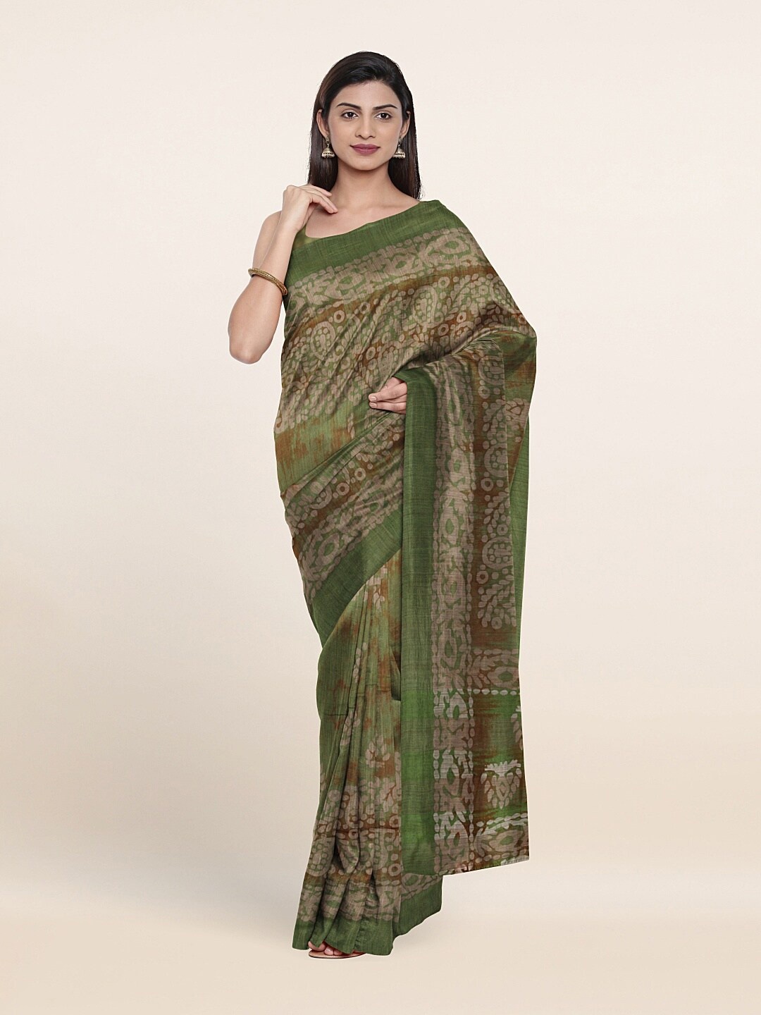 

Pothys Green & Brown Batik Jute Cotton Saree