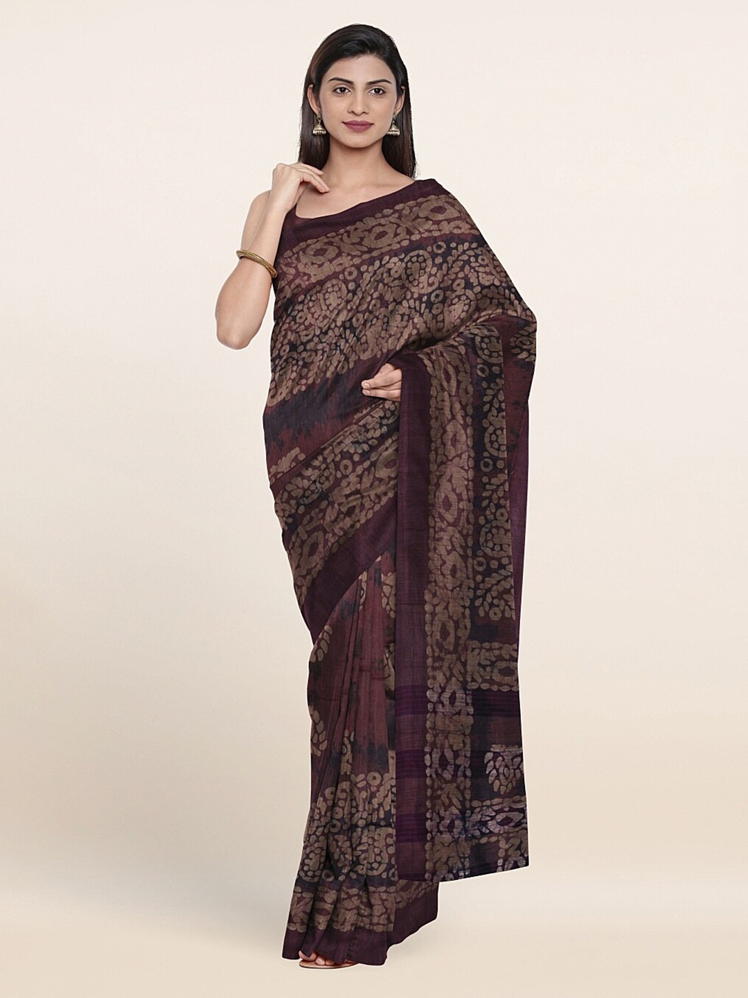 

Pothys Violet & Beige Geometric Printed Jute Cotton Saree