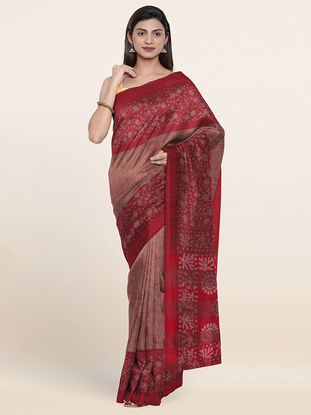 

Pothys Red Batik Jute Cotton Saree