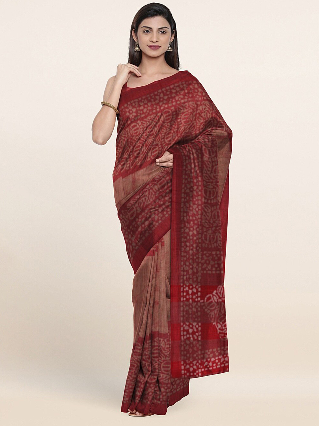 

Pothys Pink & Beige Floral Zari Jute Cotton Saree