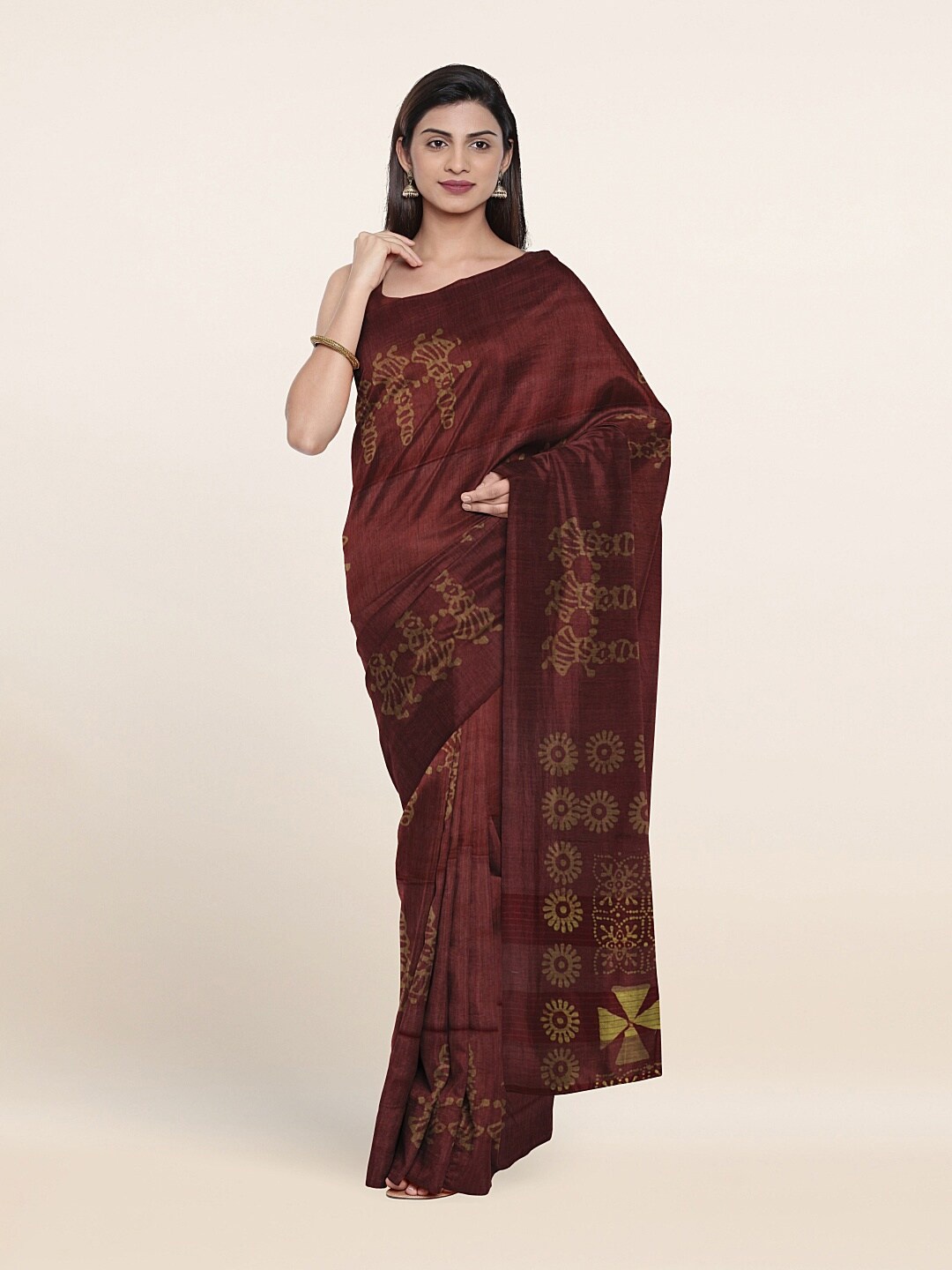 

Pothys Rust & Green Batik Jute Cotton Saree