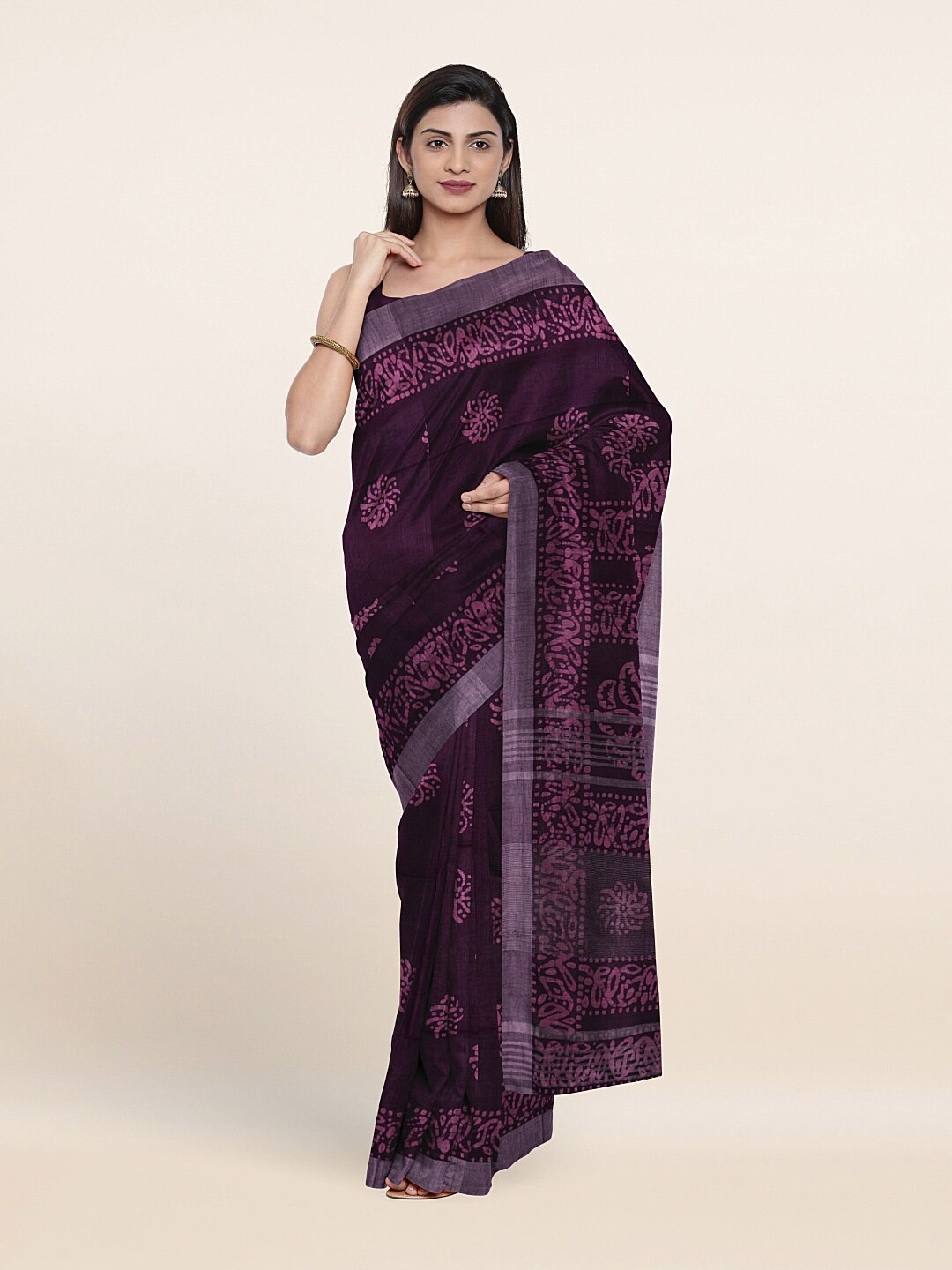 

Pothys Violet & Pink Floral Jute Cotton Saree
